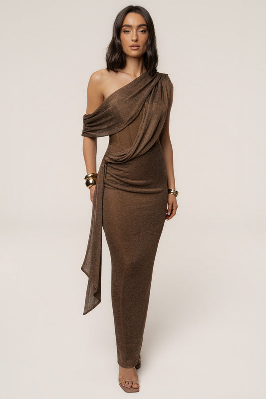 Bronze Metallic Celestina Draped Maxi Dress