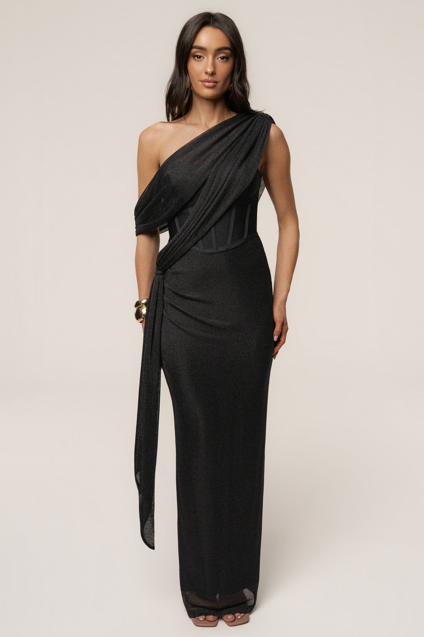 Black Metallic Celestina Draped Maxi Dress