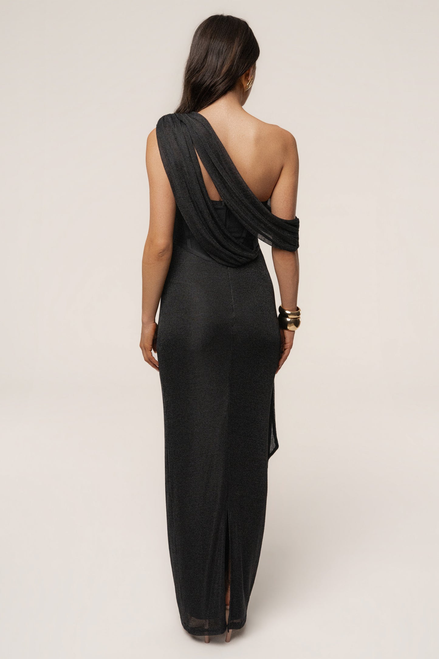 Black Metallic Celestina Draped Maxi Dress