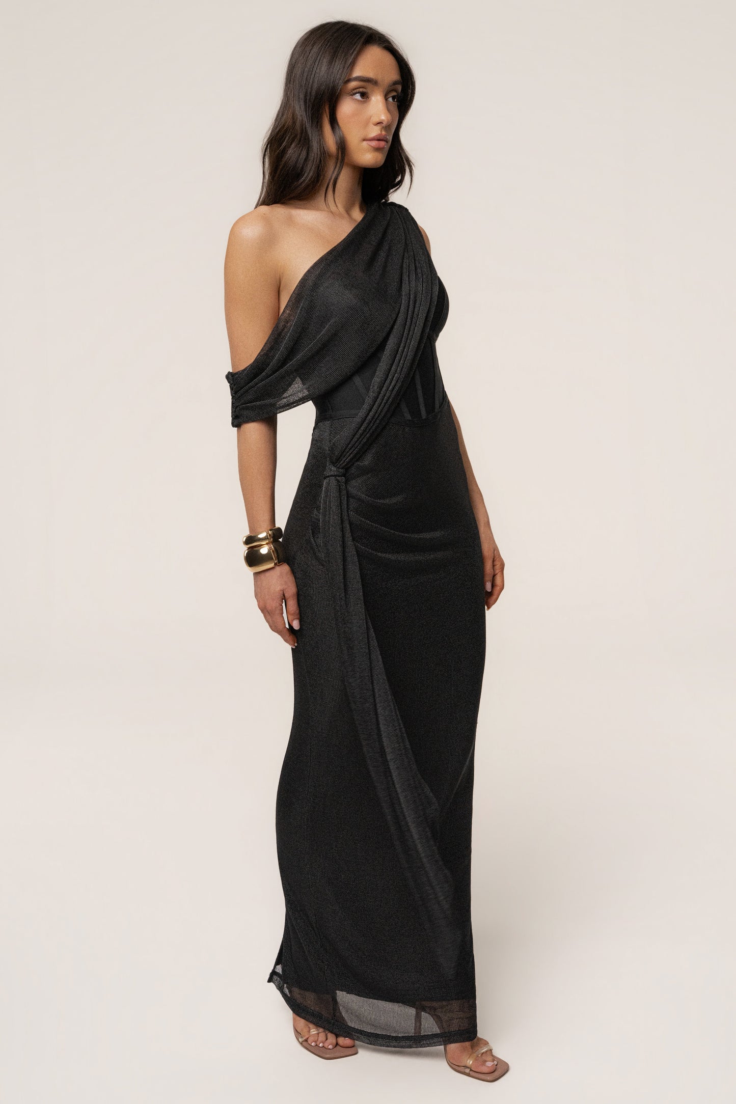 Black Metallic Celestina Draped Maxi Dress