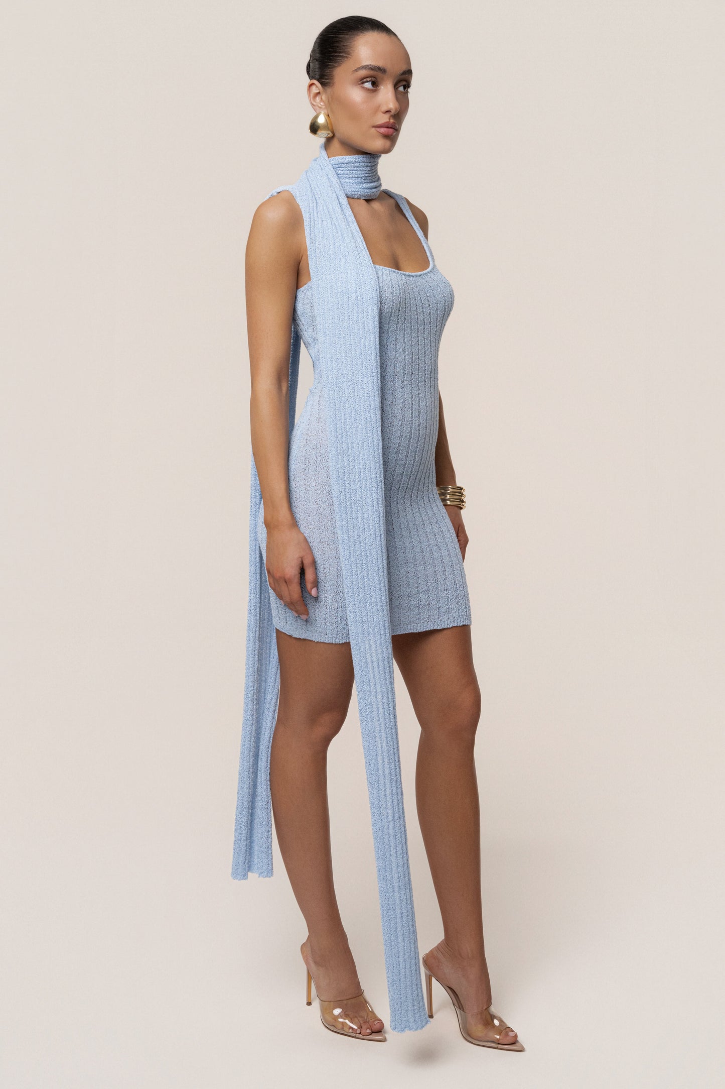Lt. Blue Ribbed Scarf Mini Dress