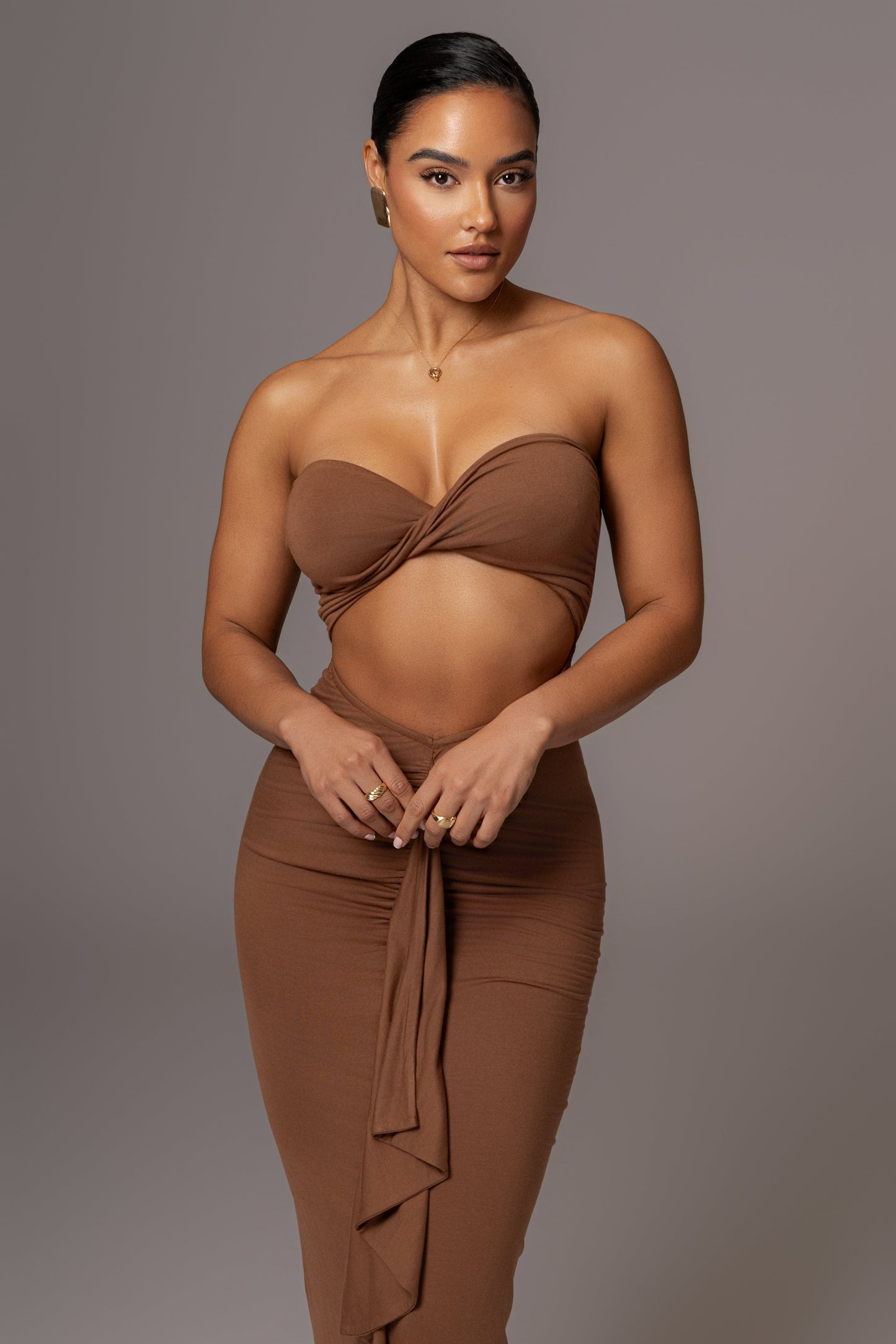 Chocolate Strapless Drape Maxi Dress