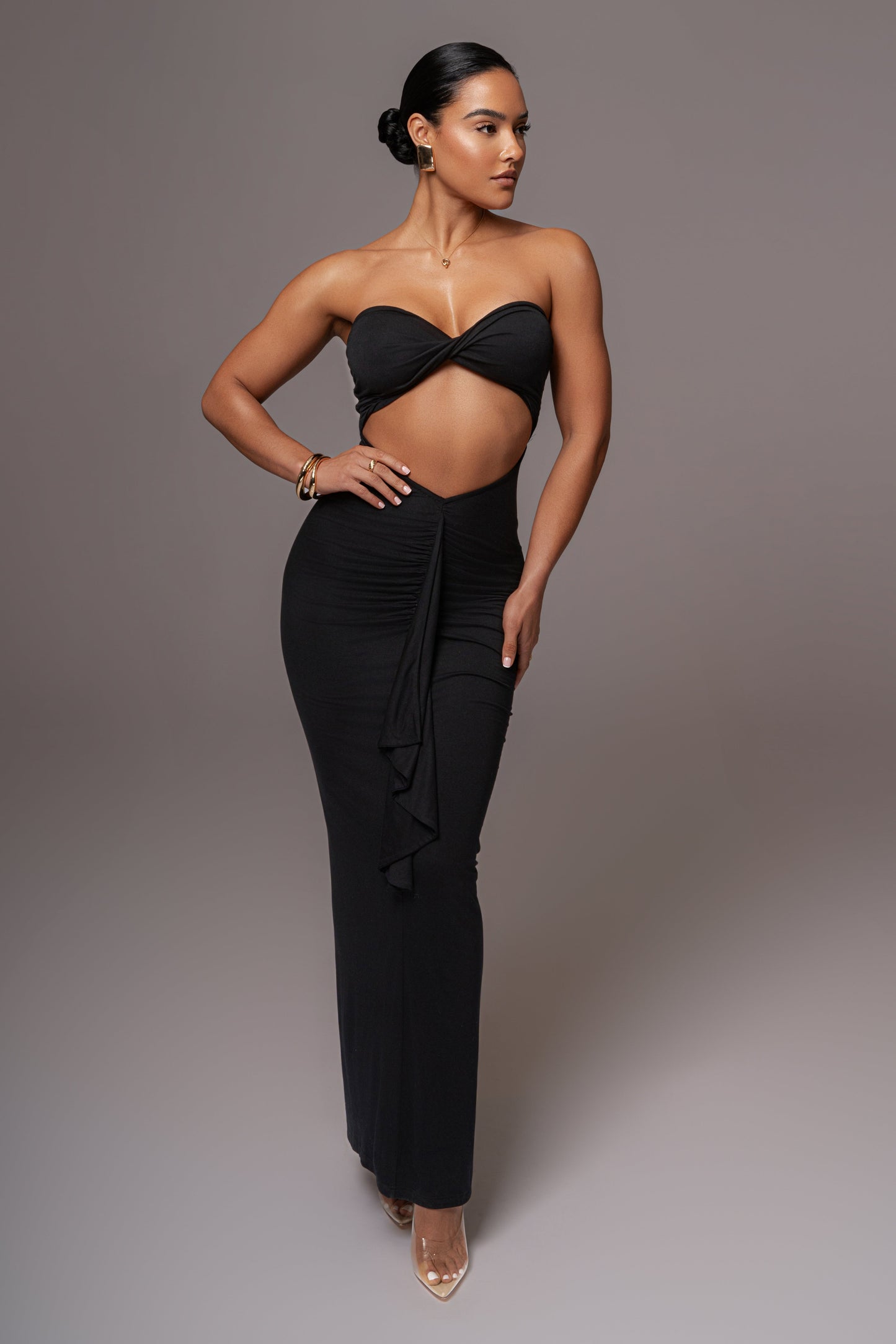Black Strapless Drape Maxi Dress