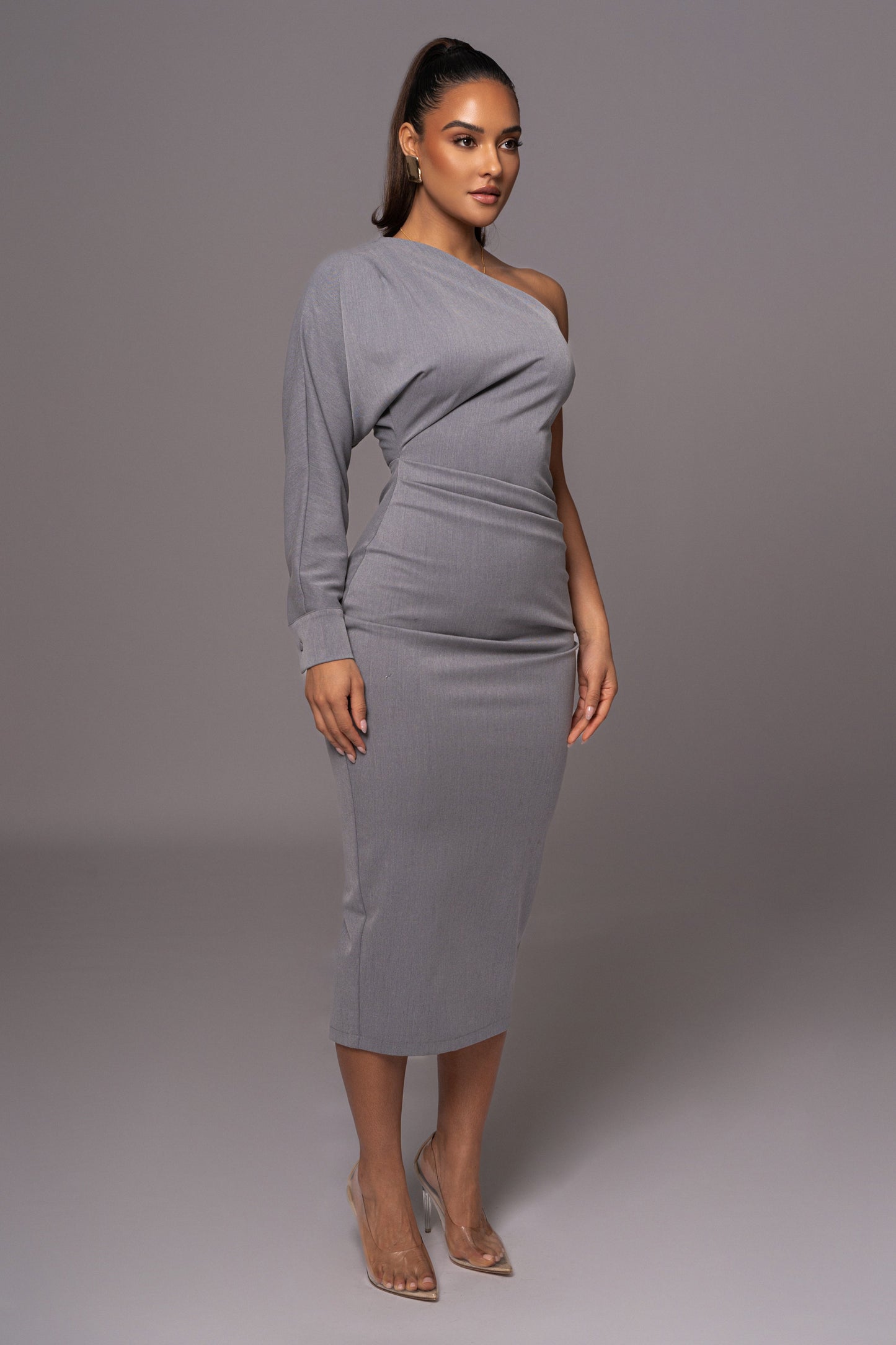 Grey Racheal One Shoulder Midi Dress