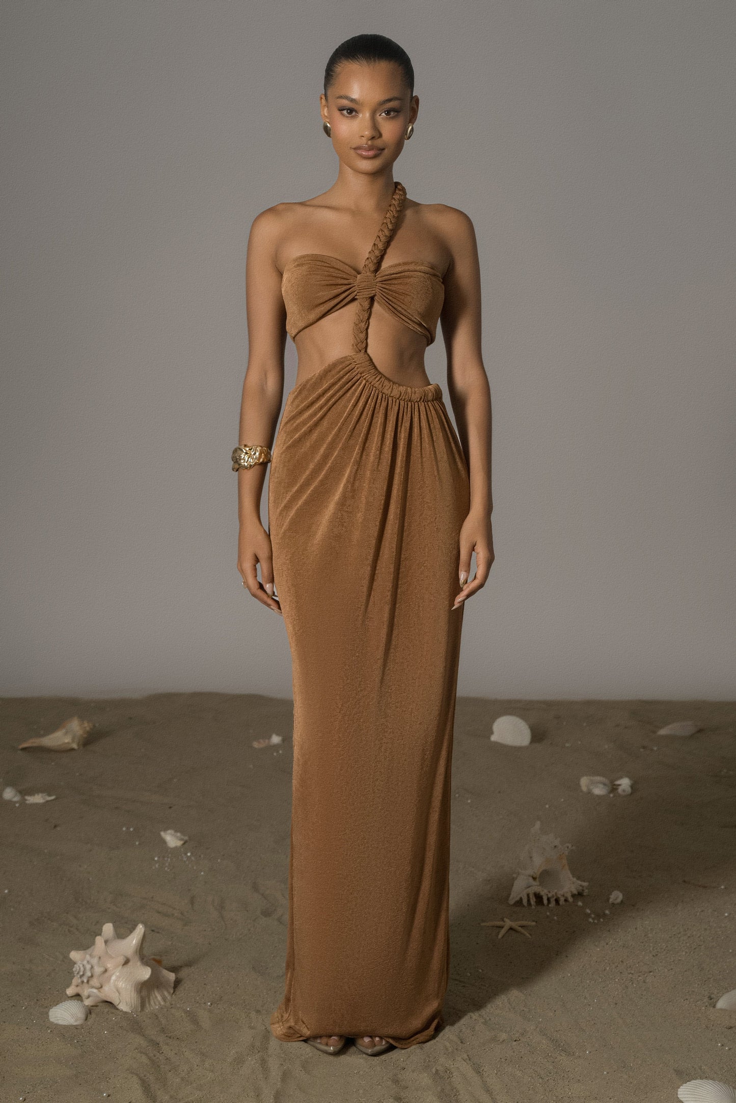 Bronze Ema One Shoulder Maxi Dress