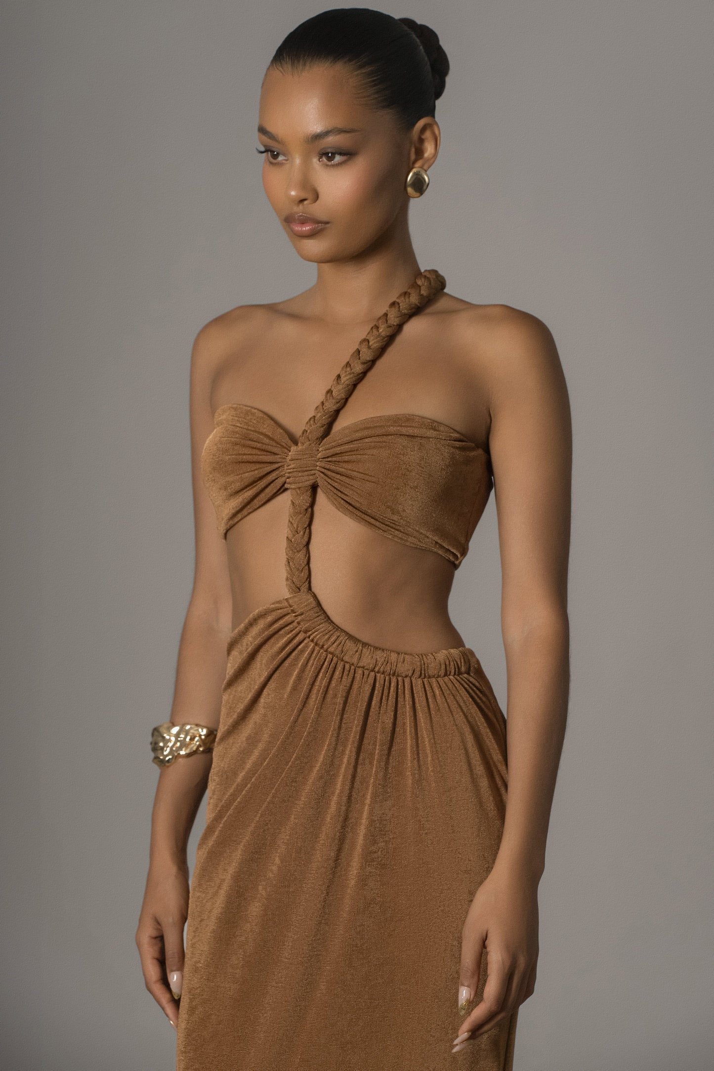 Bronze Ema One Shoulder Maxi Dress