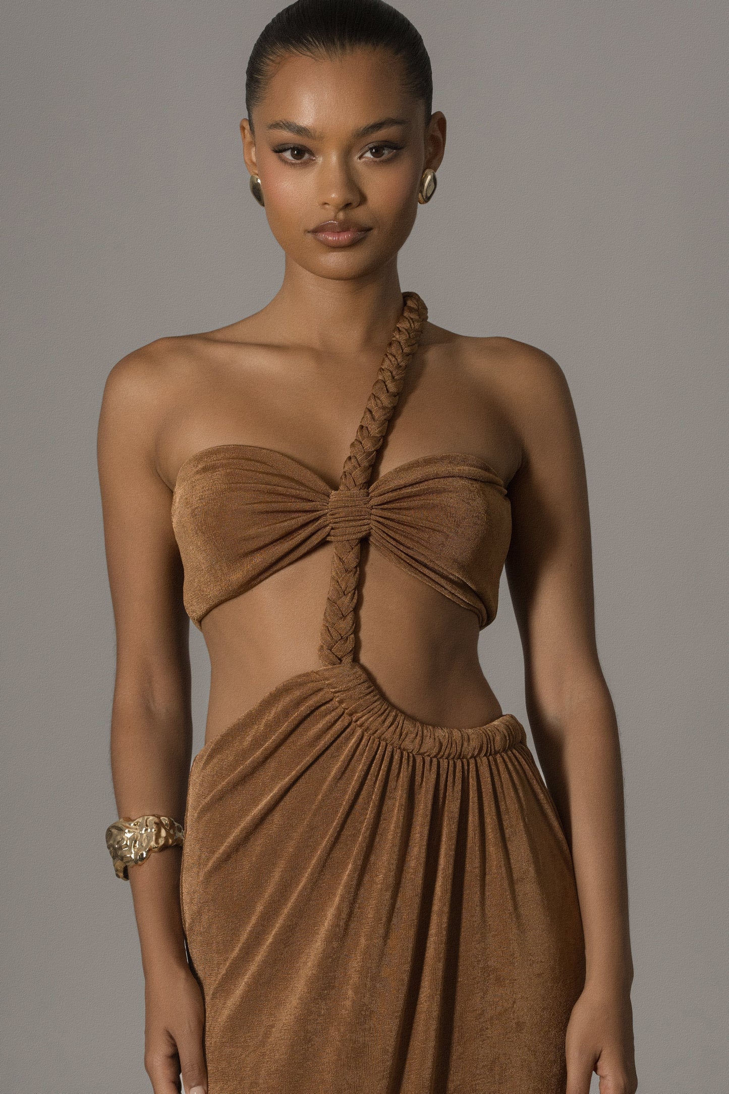 Bronze Ema One Shoulder Maxi Dress