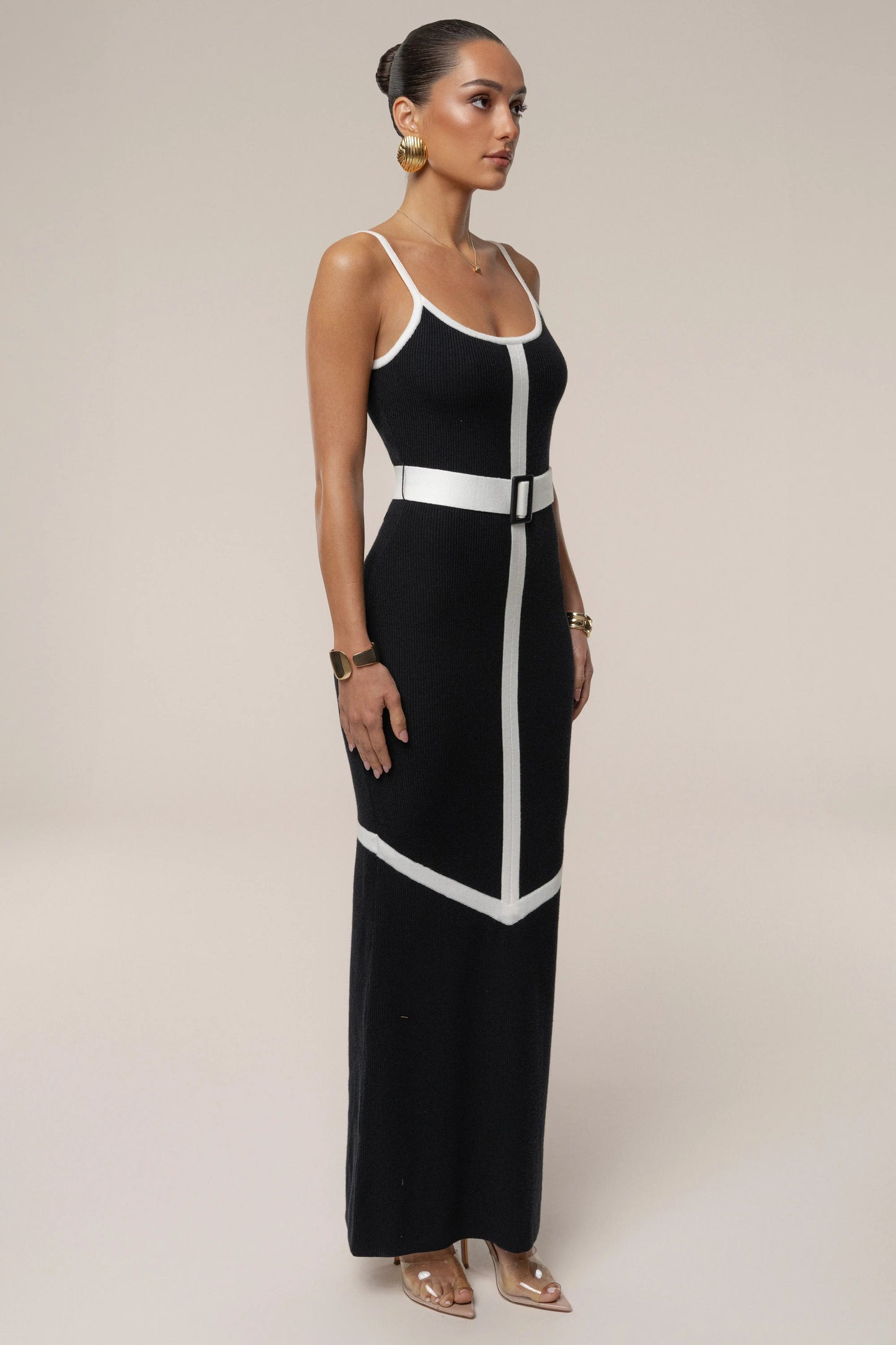Black/Ivory Belted Cami Maxi Dress