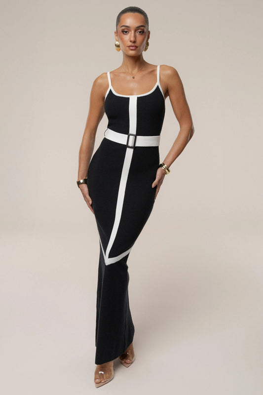 Black/Ivory Belted Cami Maxi Dress