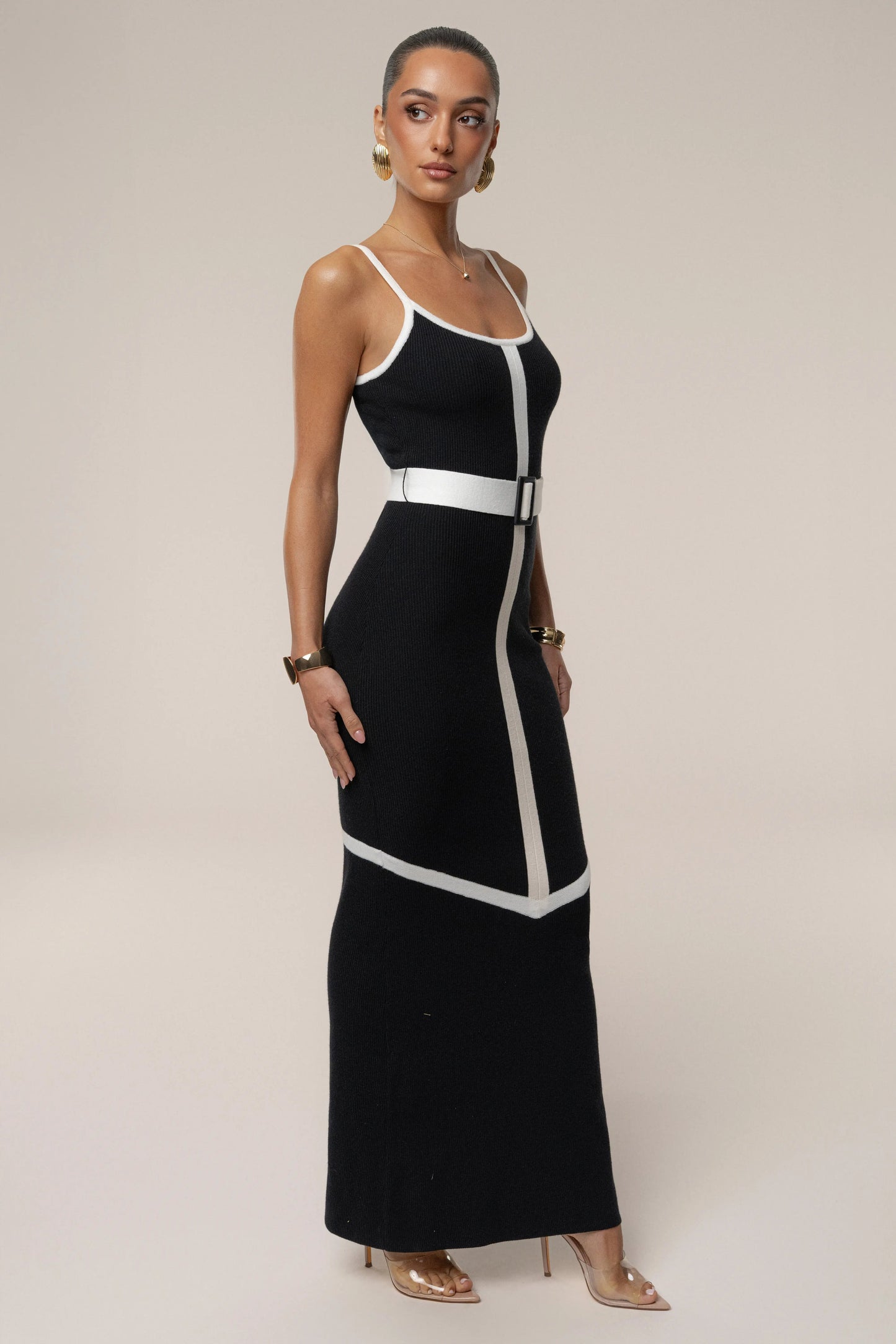 Black/Ivory Belted Cami Maxi Dress