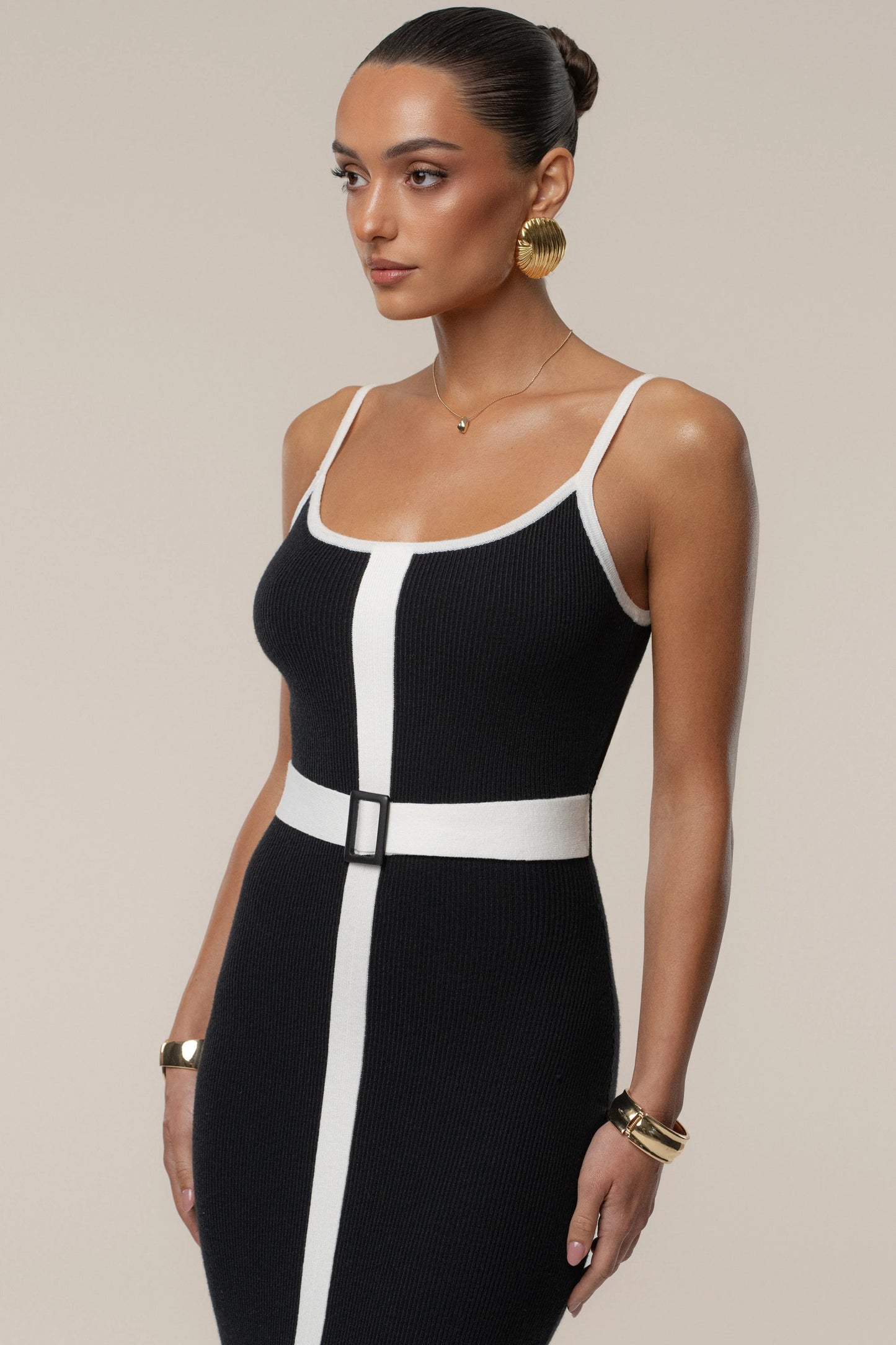 Black/Ivory Belted Cami Maxi Dress
