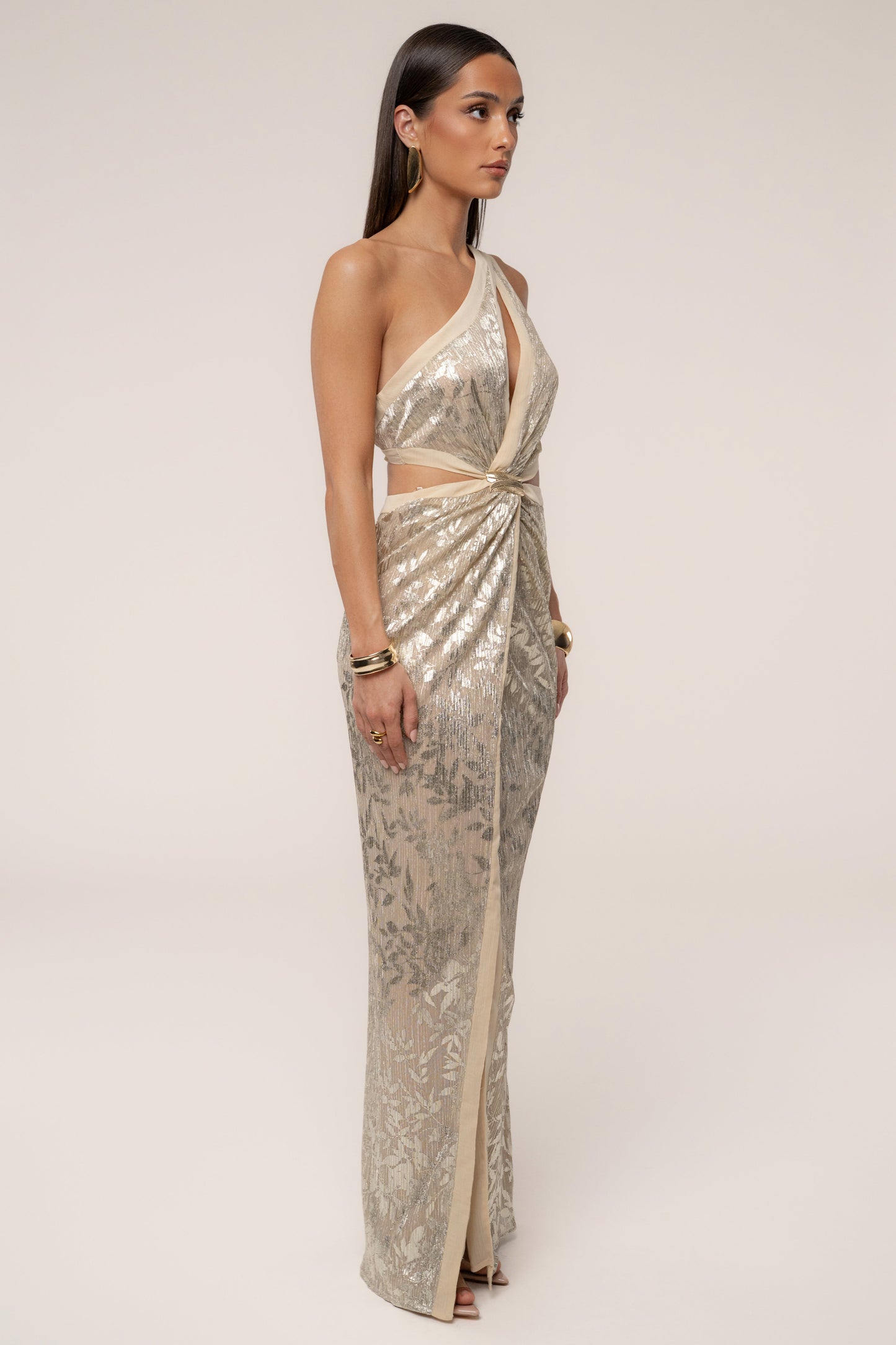 Gold One Shoulder Keyhole Dress