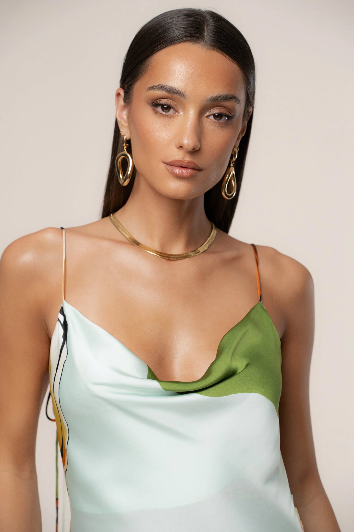 Green Tropical Print Golden Touch Satin Dress