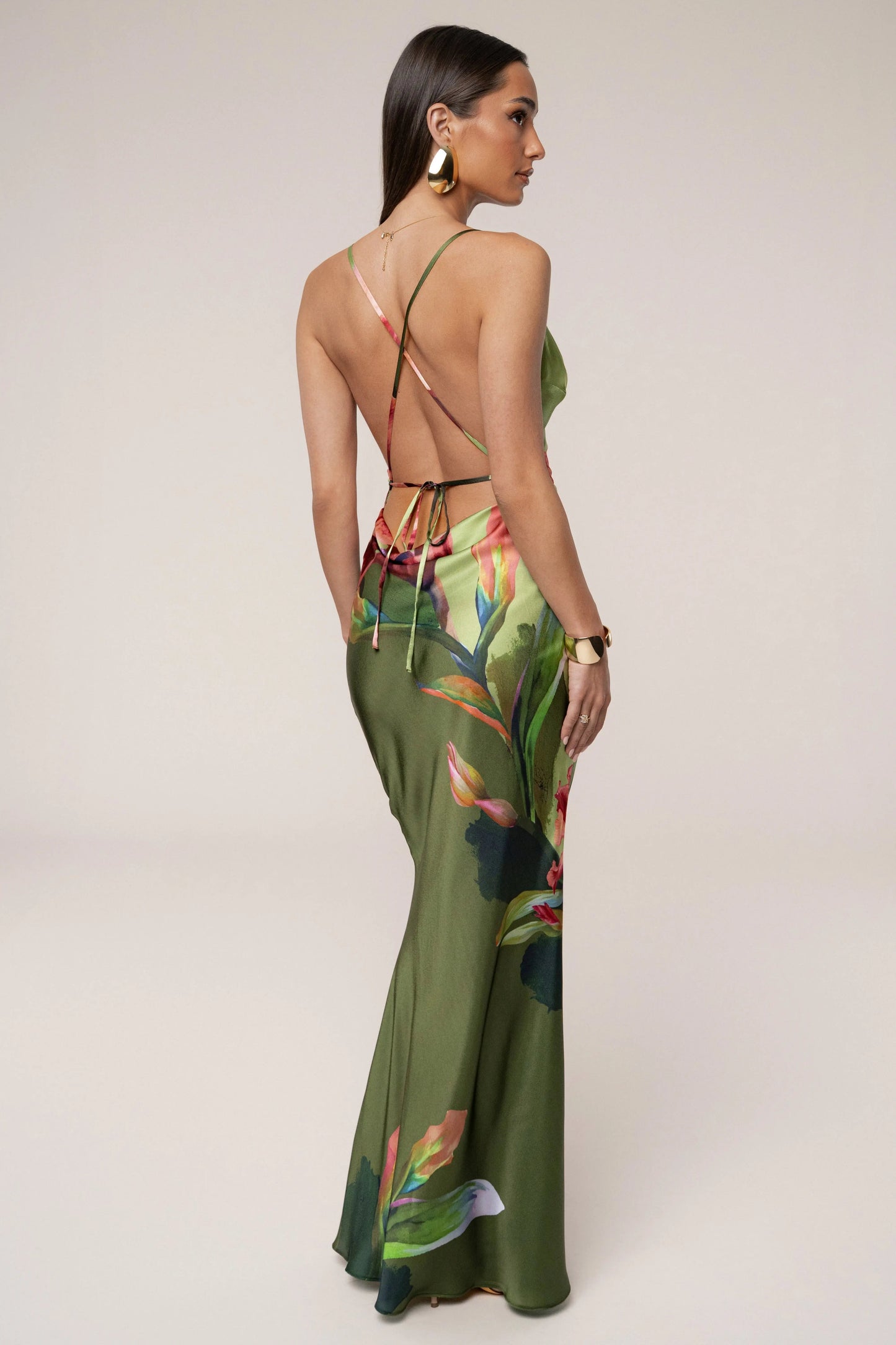 Green Satin Floral Print Maxi Dress
