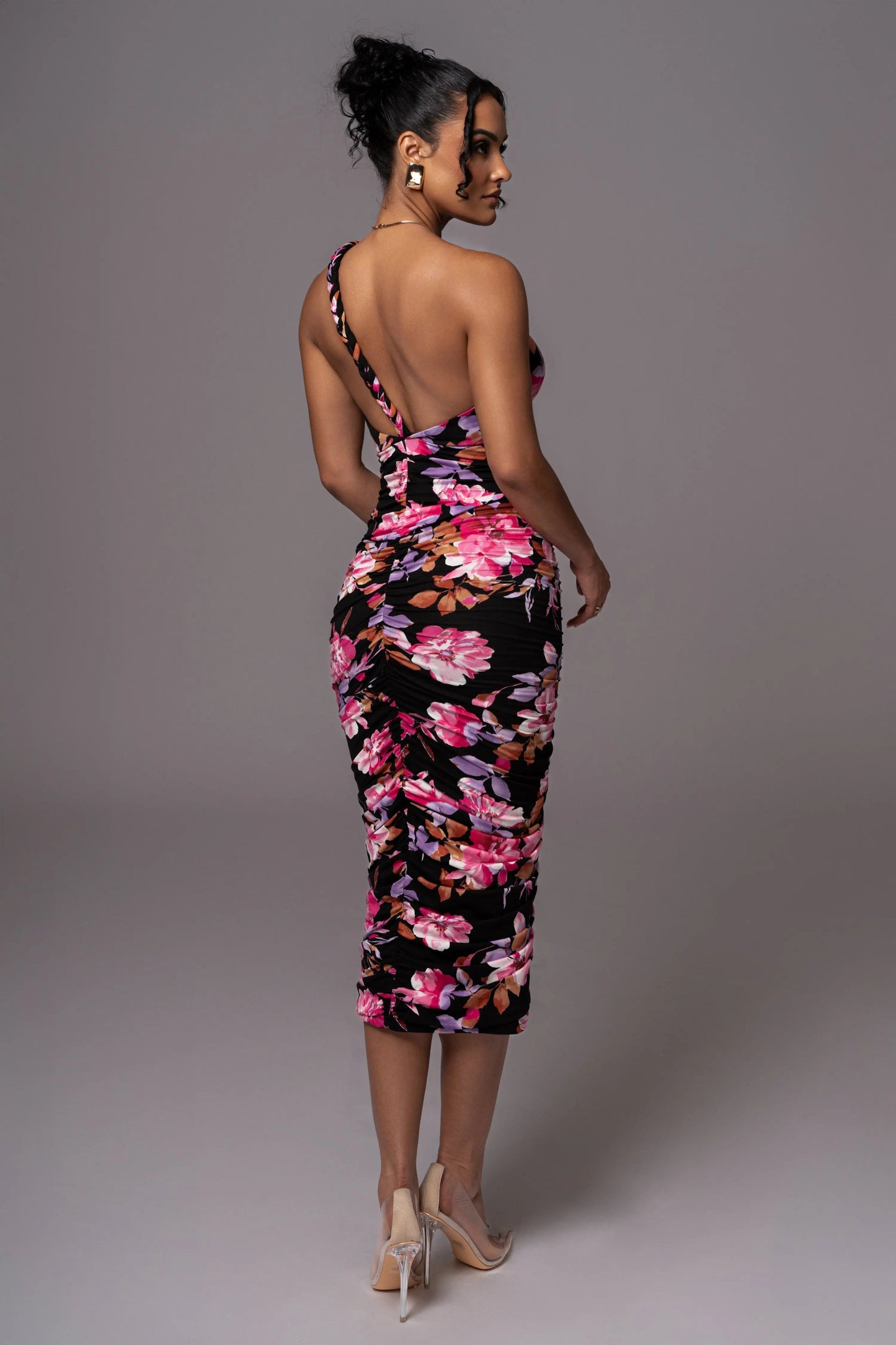 Black Floral Jess Ruched Midi Dress