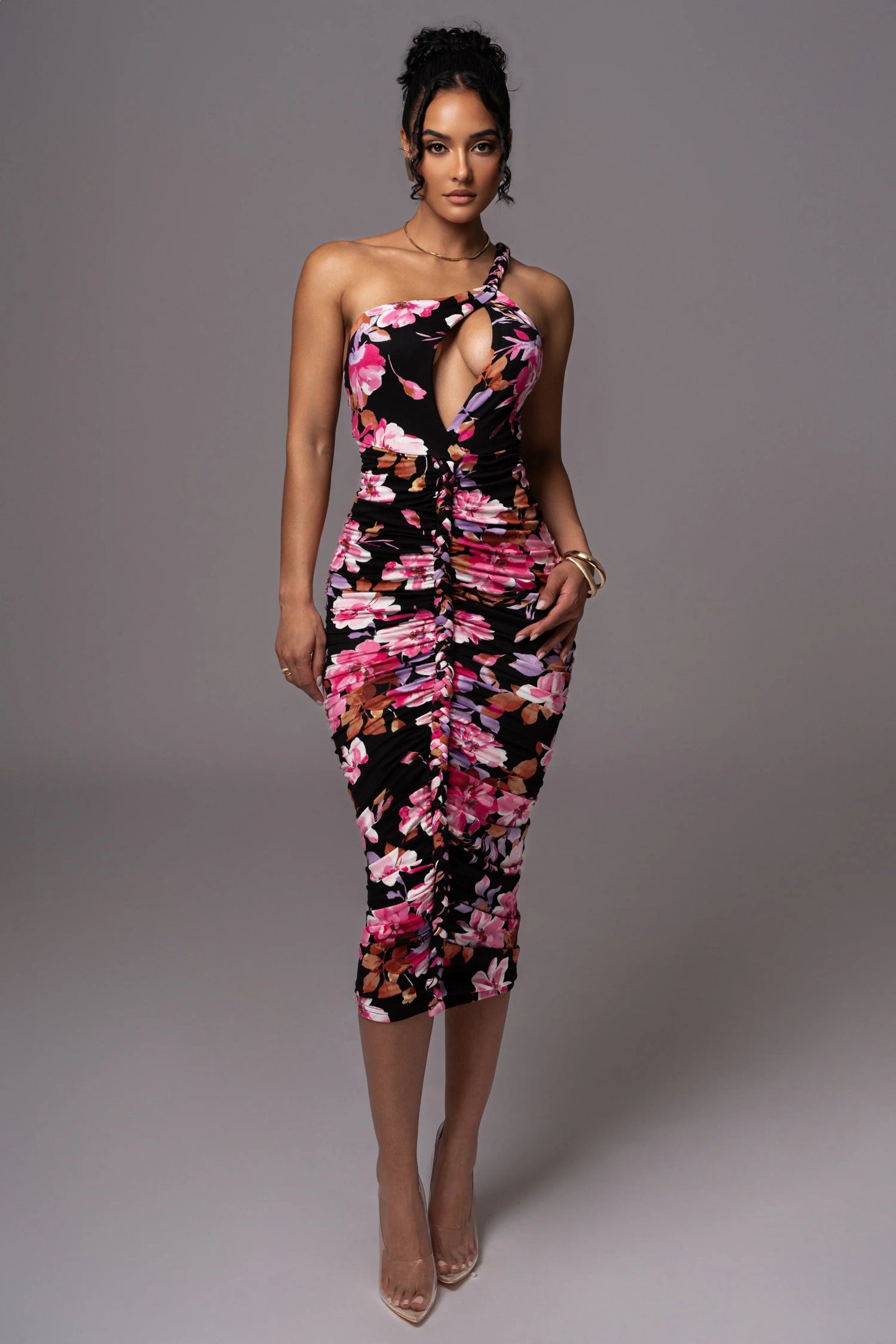 Black Floral Jess Ruched Midi Dress
