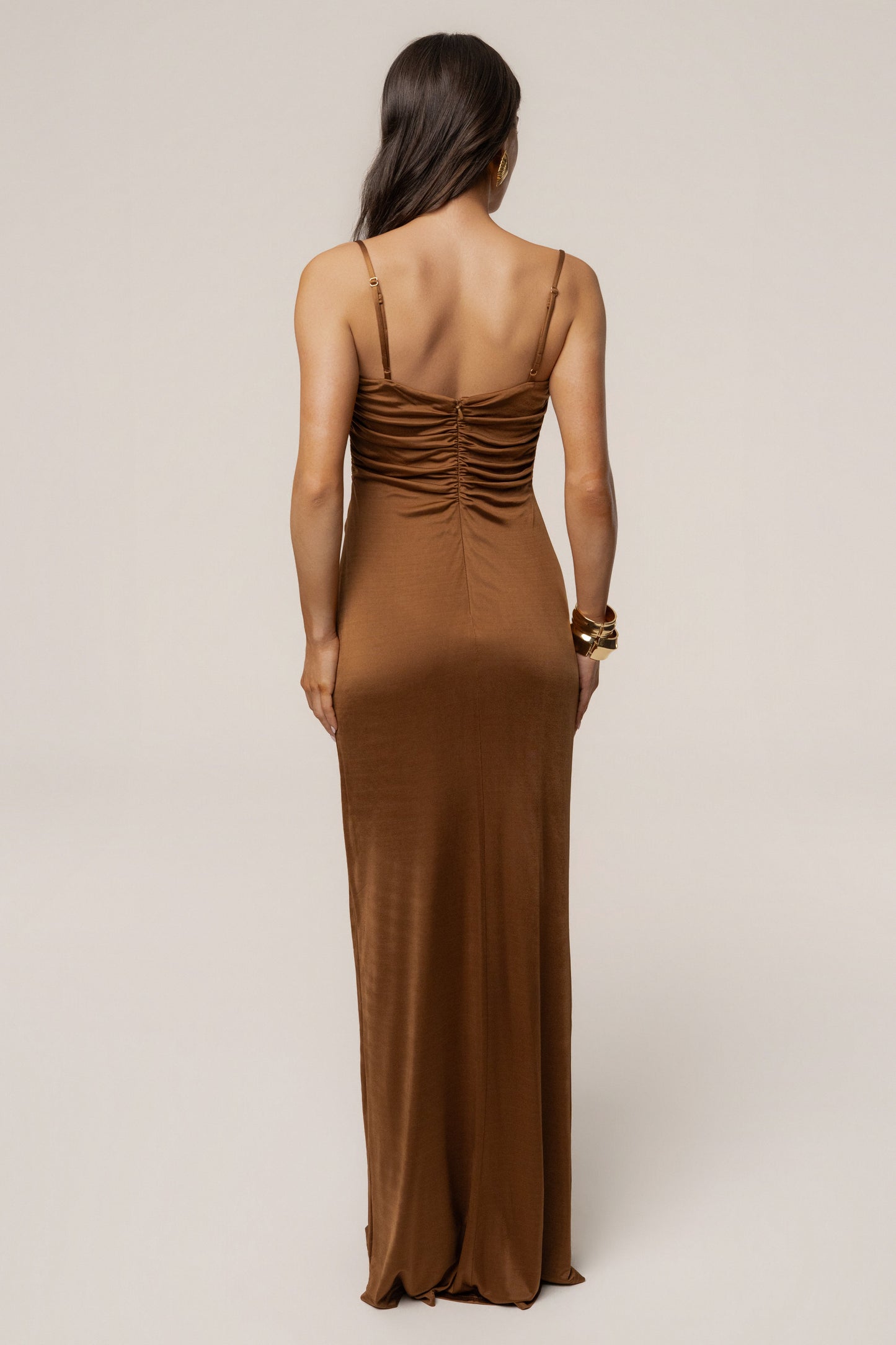 Tan Auric Deep Plunge Maxi Dress
