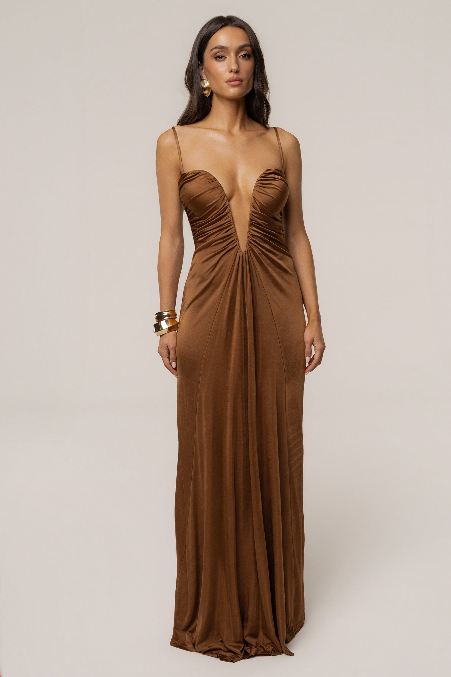Tan Auric Deep Plunge Maxi Dress