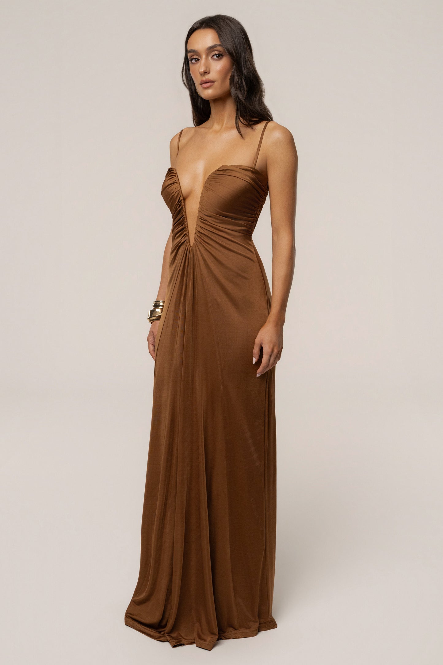 Tan Auric Deep Plunge Maxi Dress