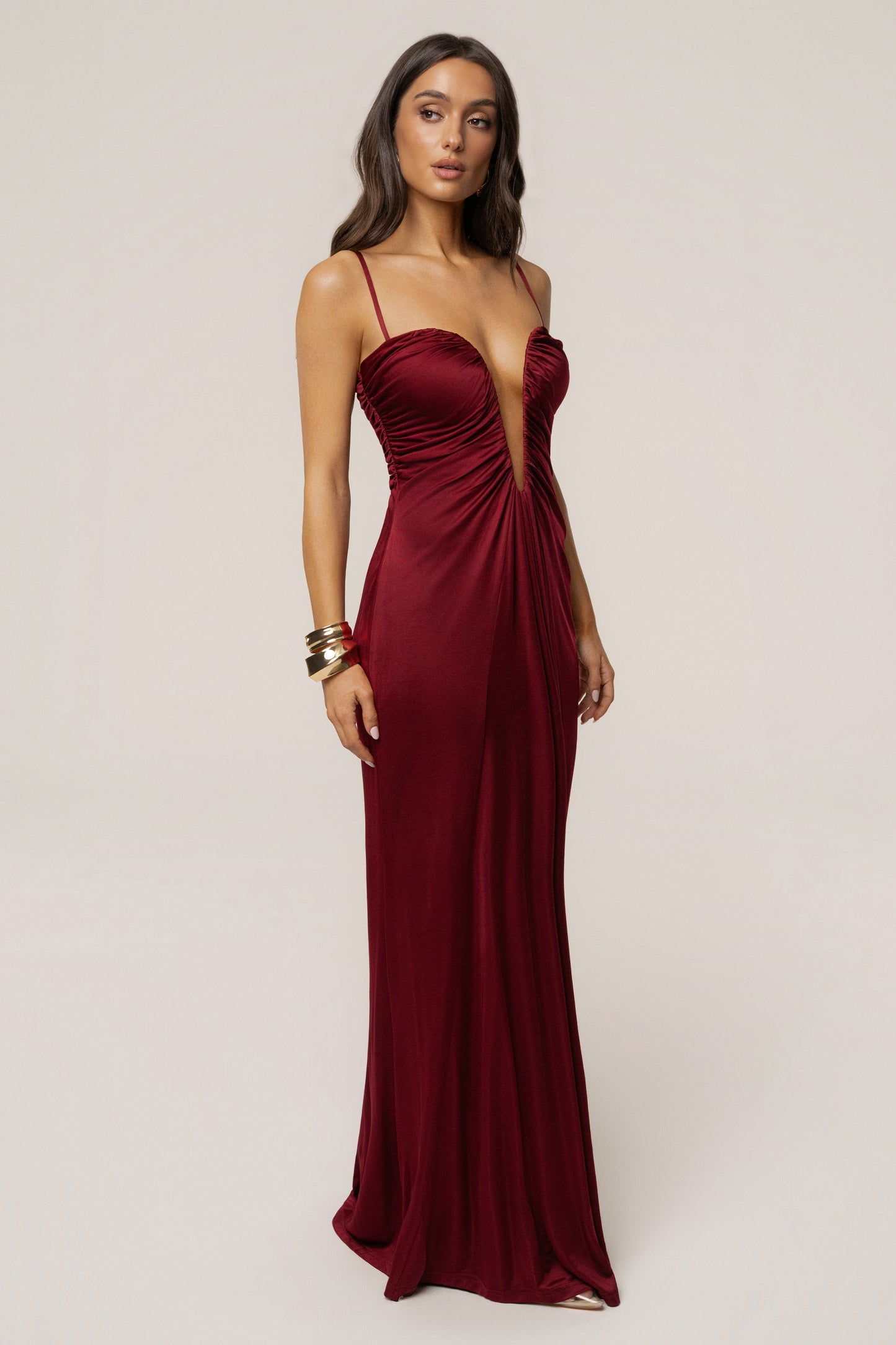 Burgundy Auric Deep Plunge Maxi Dress