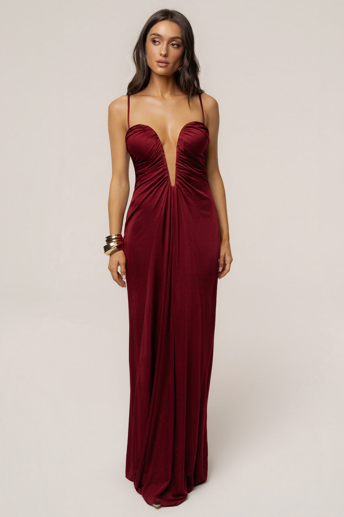 Burgundy Auric Deep Plunge Maxi Dress