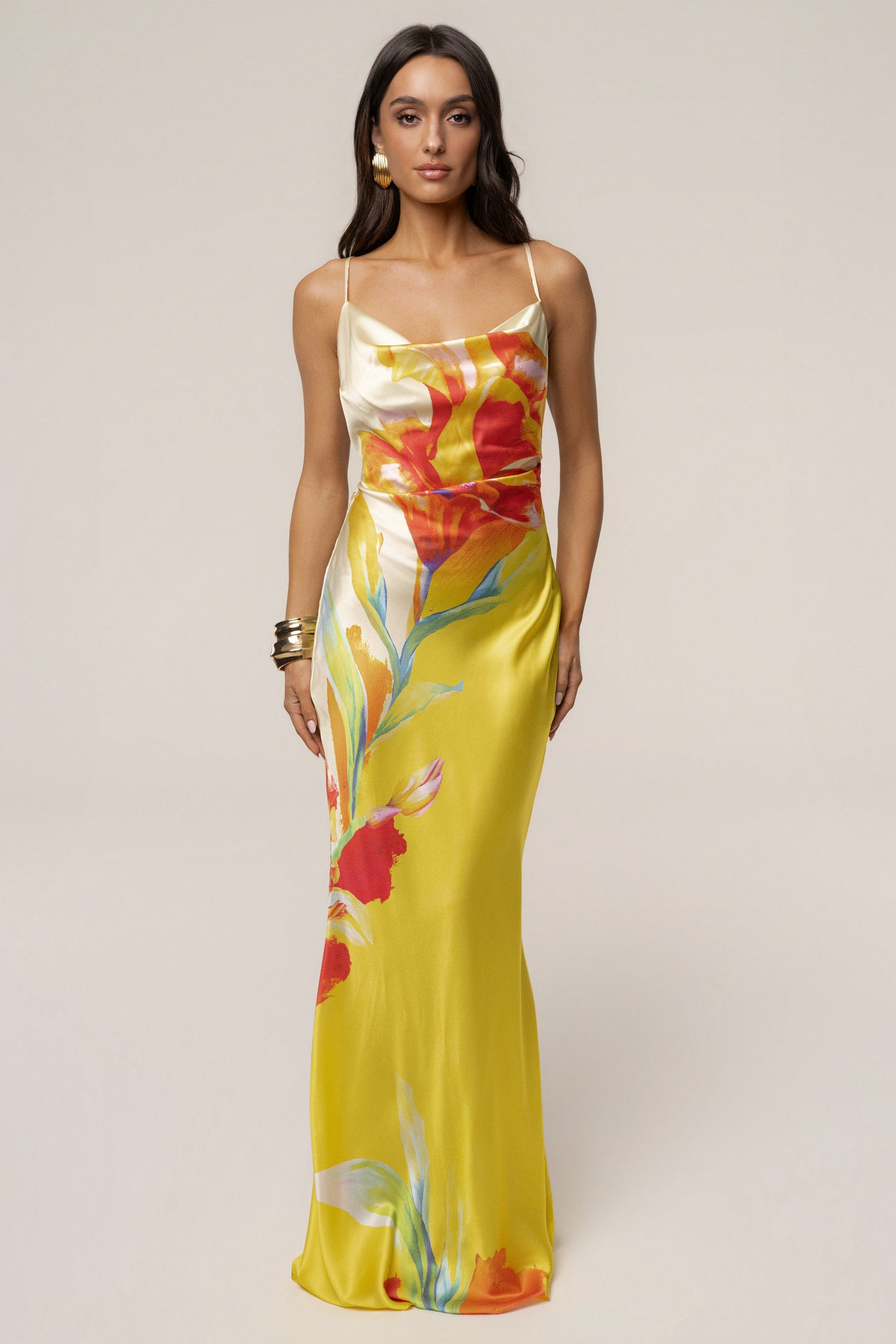 Yellow Satin Floral Print Maxi Dress