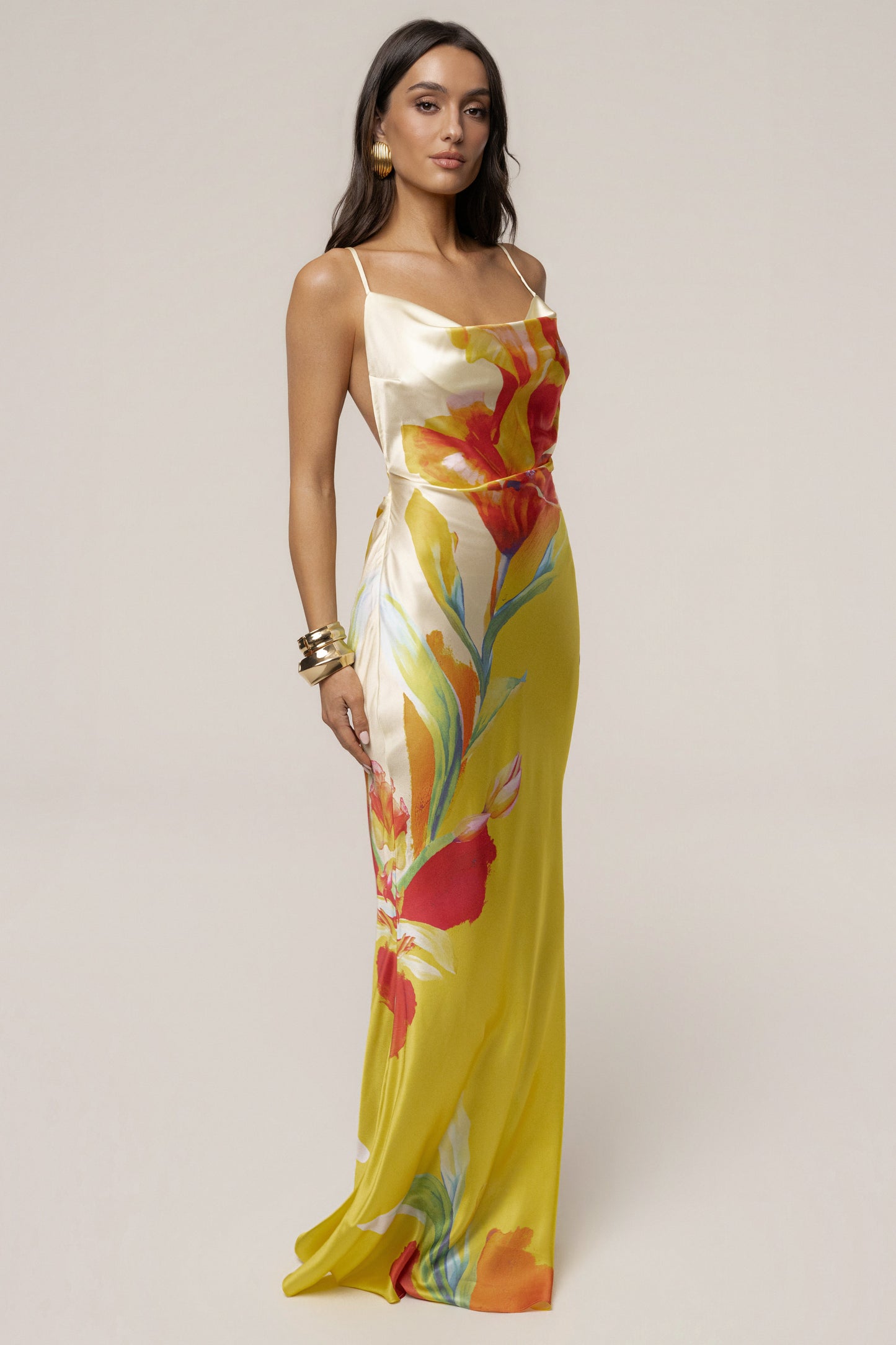 Yellow Satin Floral Print Maxi Dress