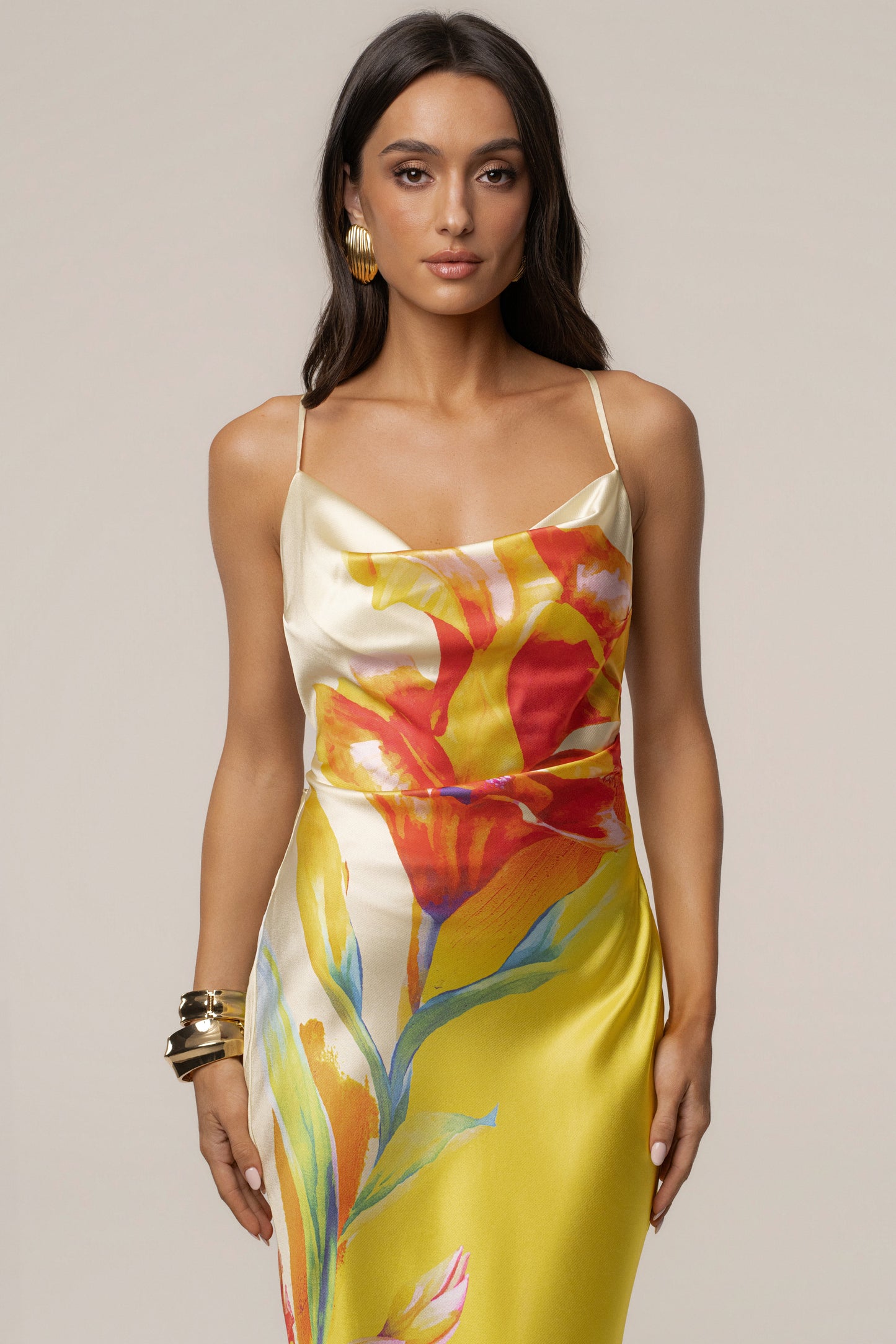 Yellow Satin Floral Print Maxi Dress