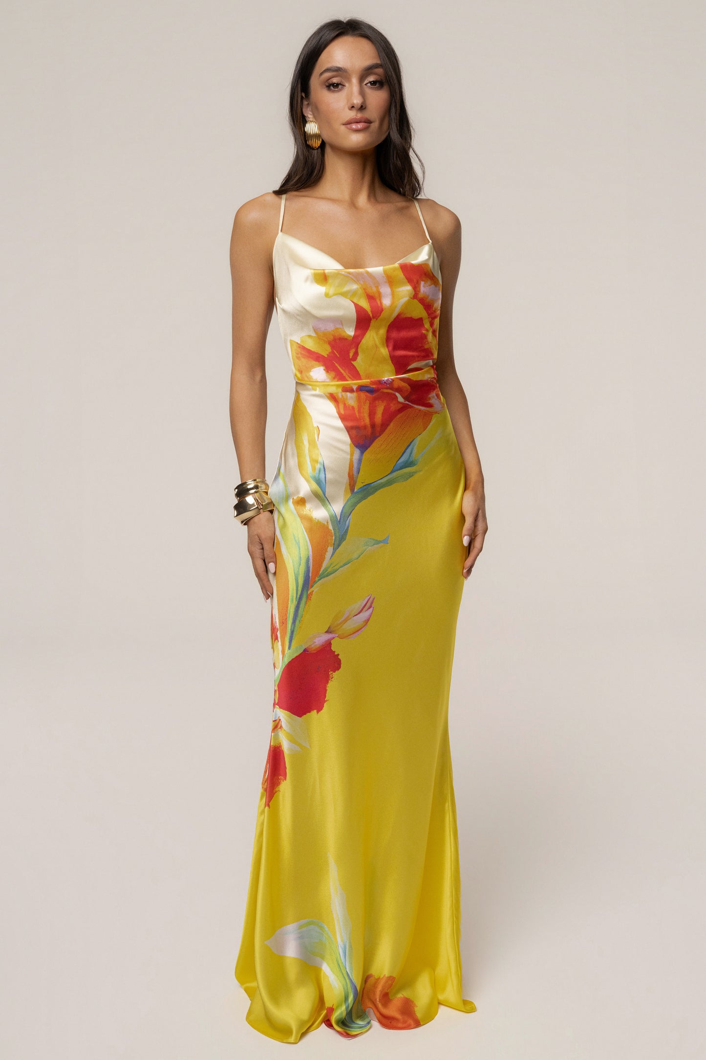 Yellow Satin Floral Print Maxi Dress