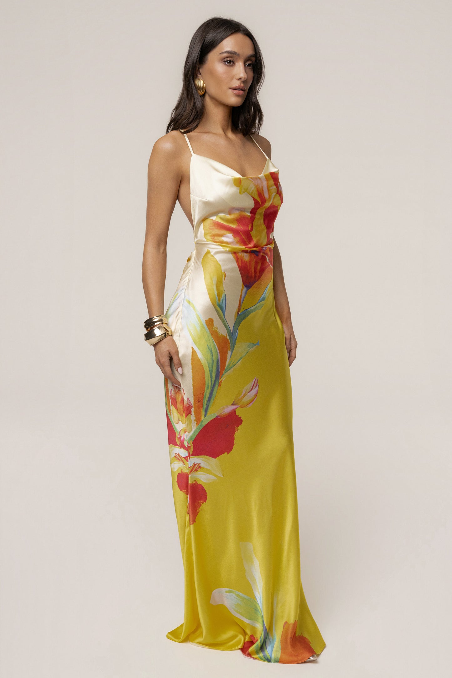 Yellow Satin Floral Print Maxi Dress