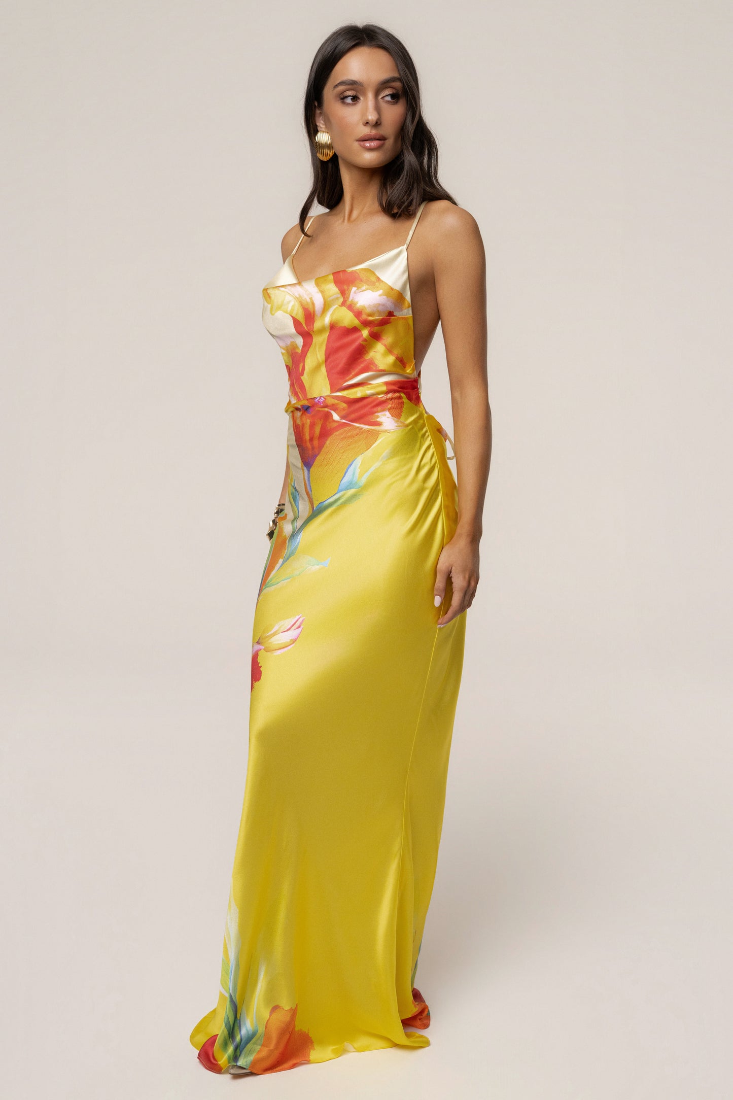 Yellow Satin Floral Print Maxi Dress