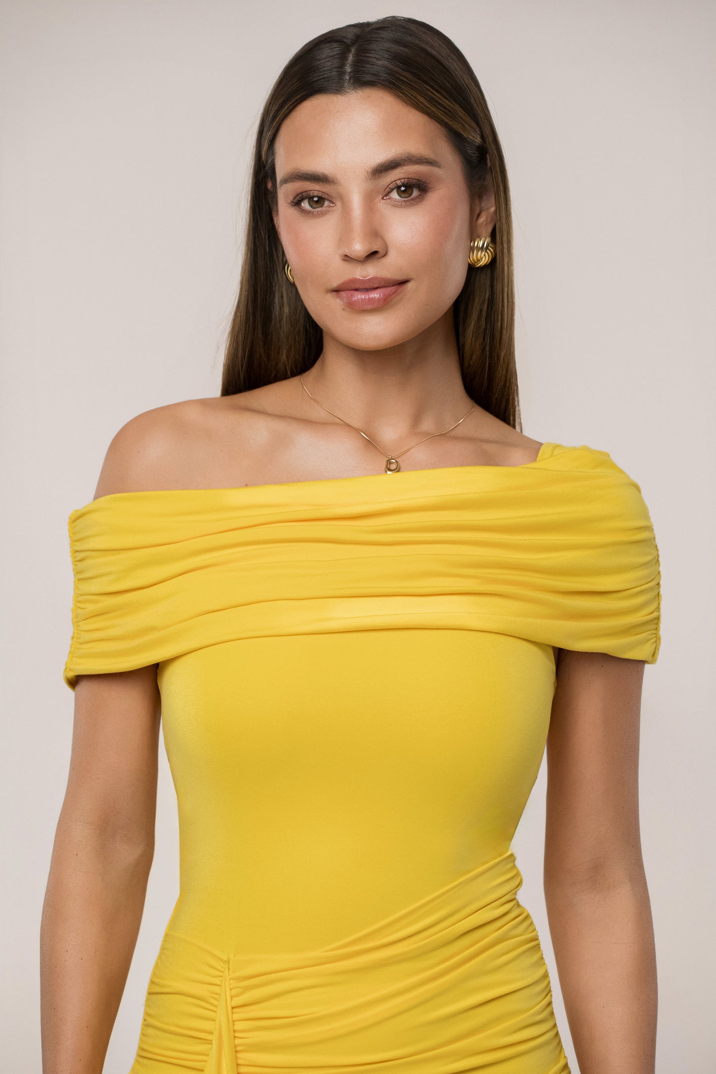 Yellow Off The Shoulder Drape Dress