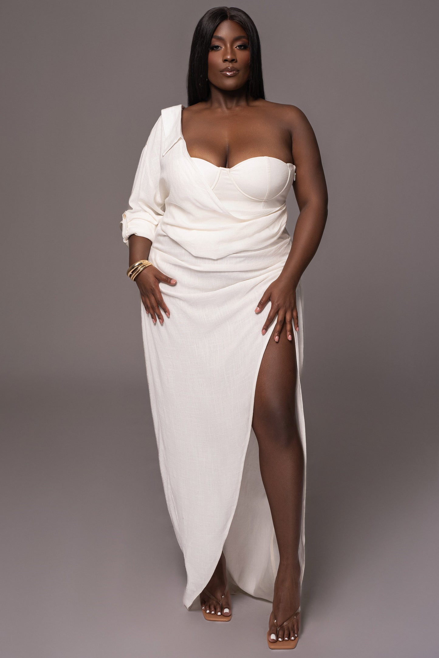 White Evita Linen Draped Dress