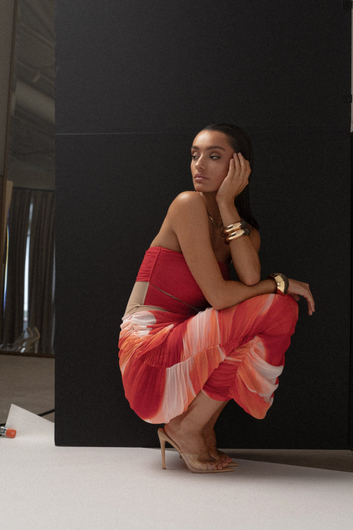 Sunset Red Timeless Form Ruched Midi Dress