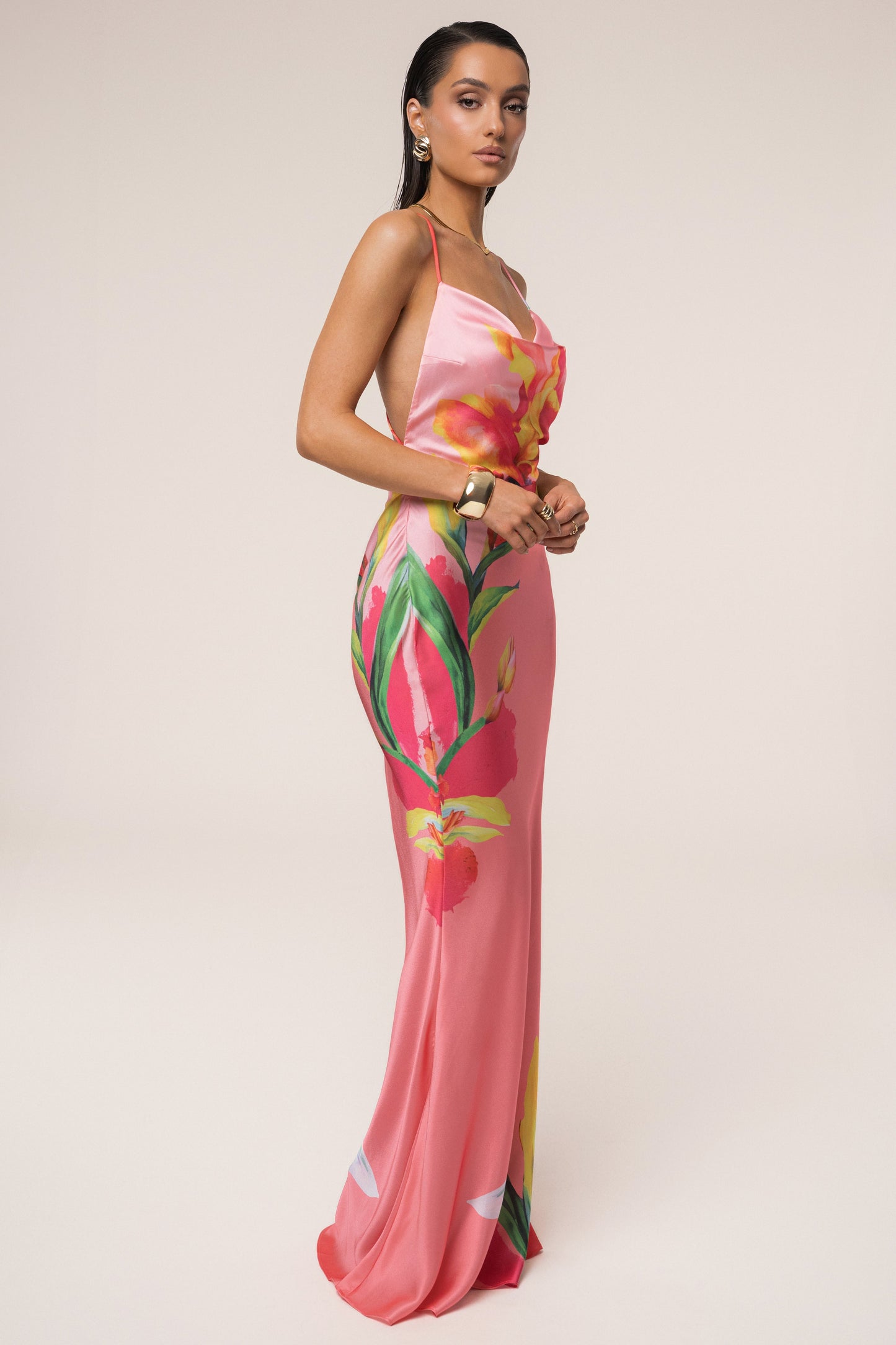 Pink Satin Floral Print Maxi Dress