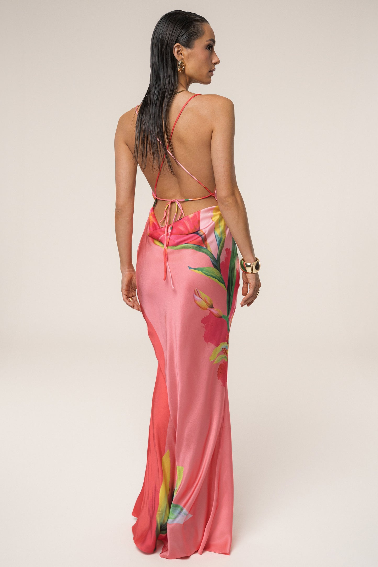 Pink Satin Floral Print Maxi Dress