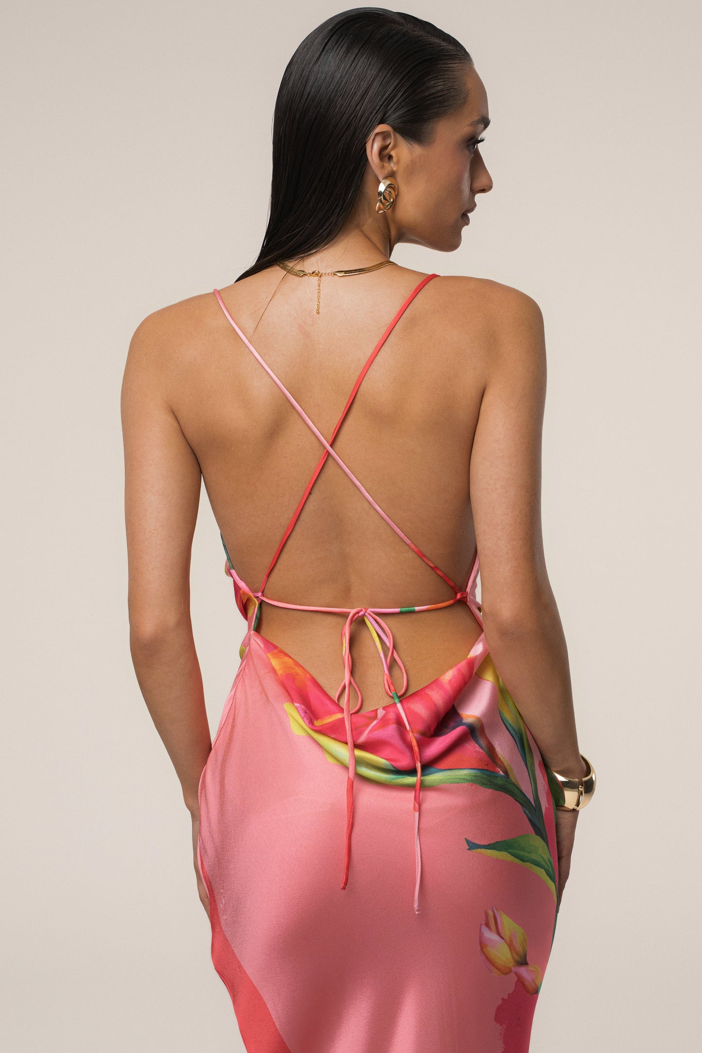 Pink Satin Floral Print Maxi Dress