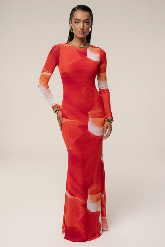 Sunset Red Palms And Sands Mesh Maxi Dress