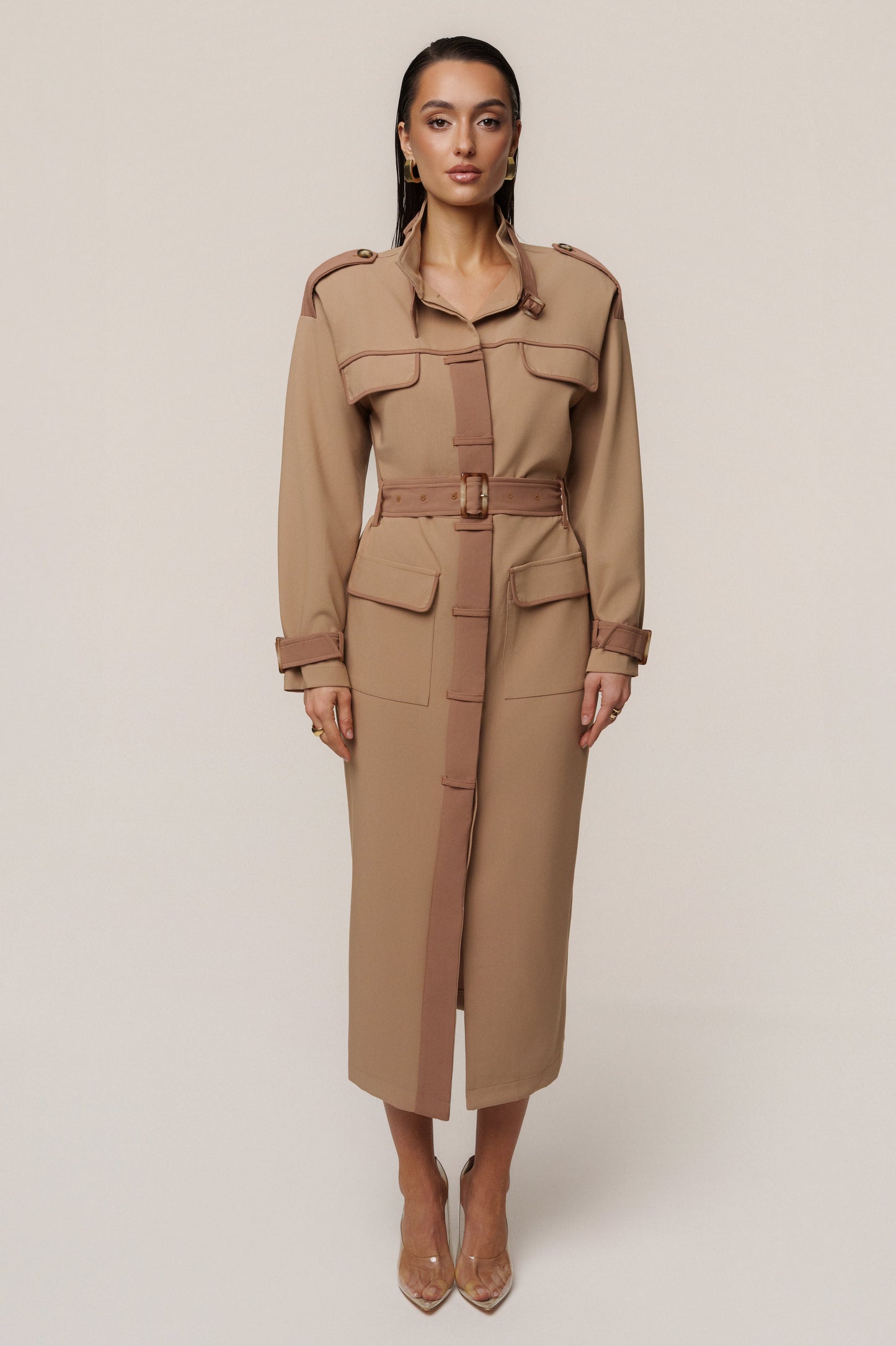 Beige Icon Belted Midi Dress