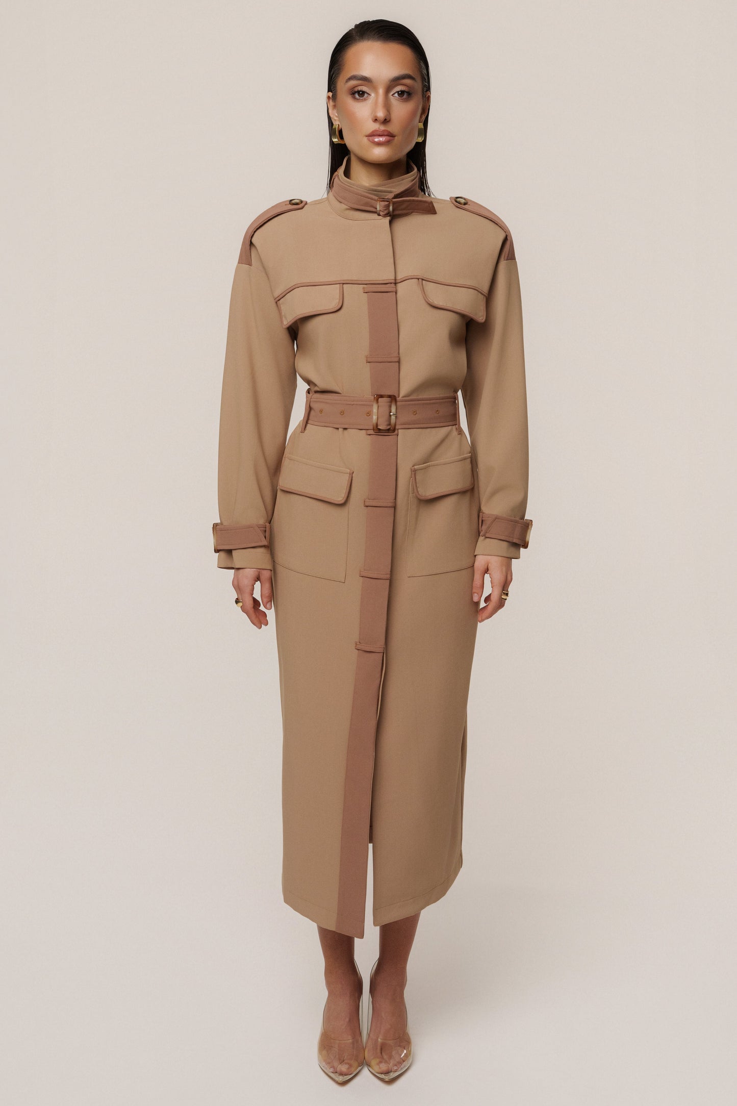 Beige Icon Belted Midi Dress