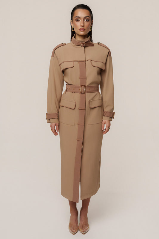 Beige Icon Belted Midi Dress