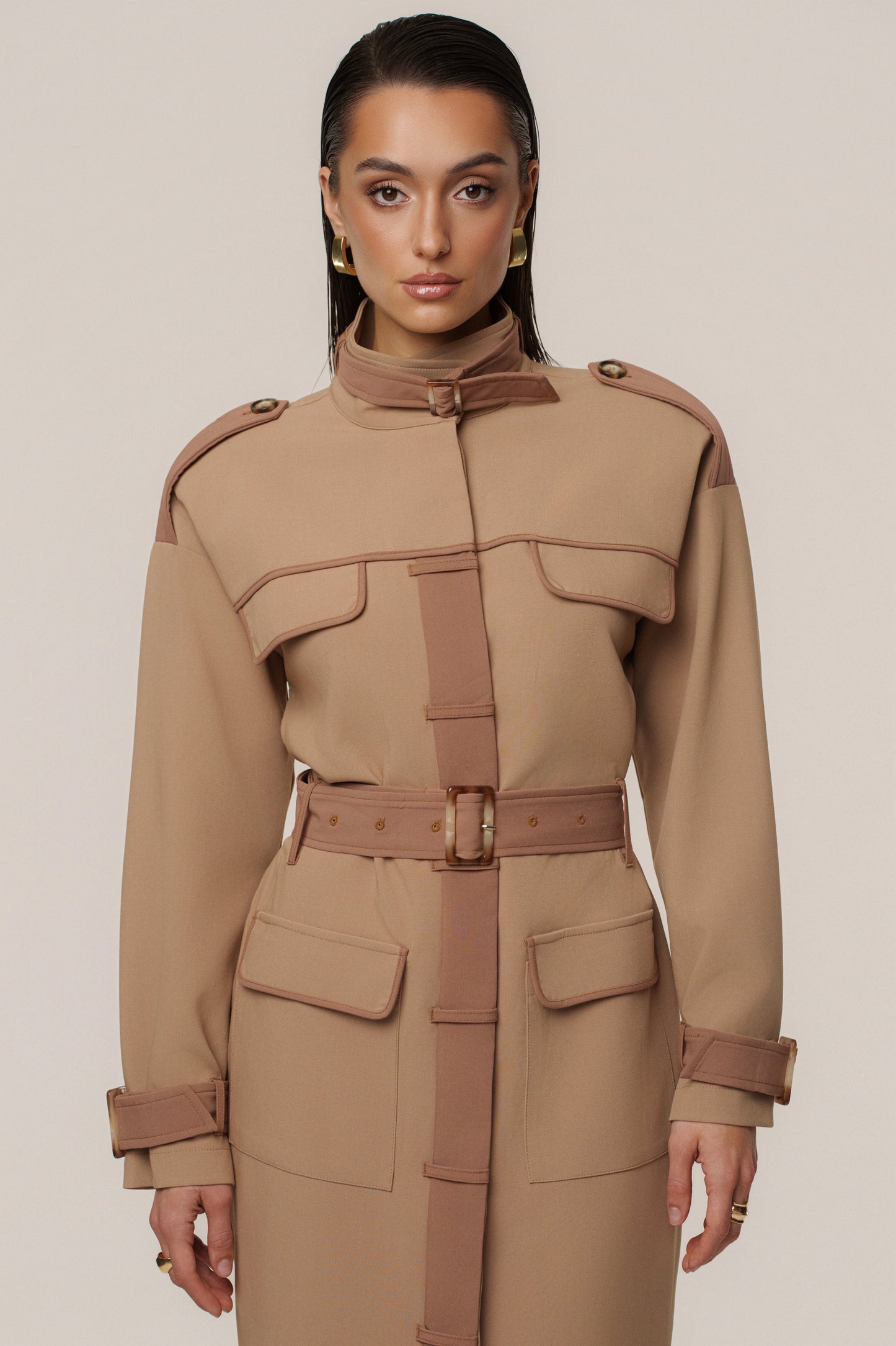 Beige Icon Belted Midi Dress