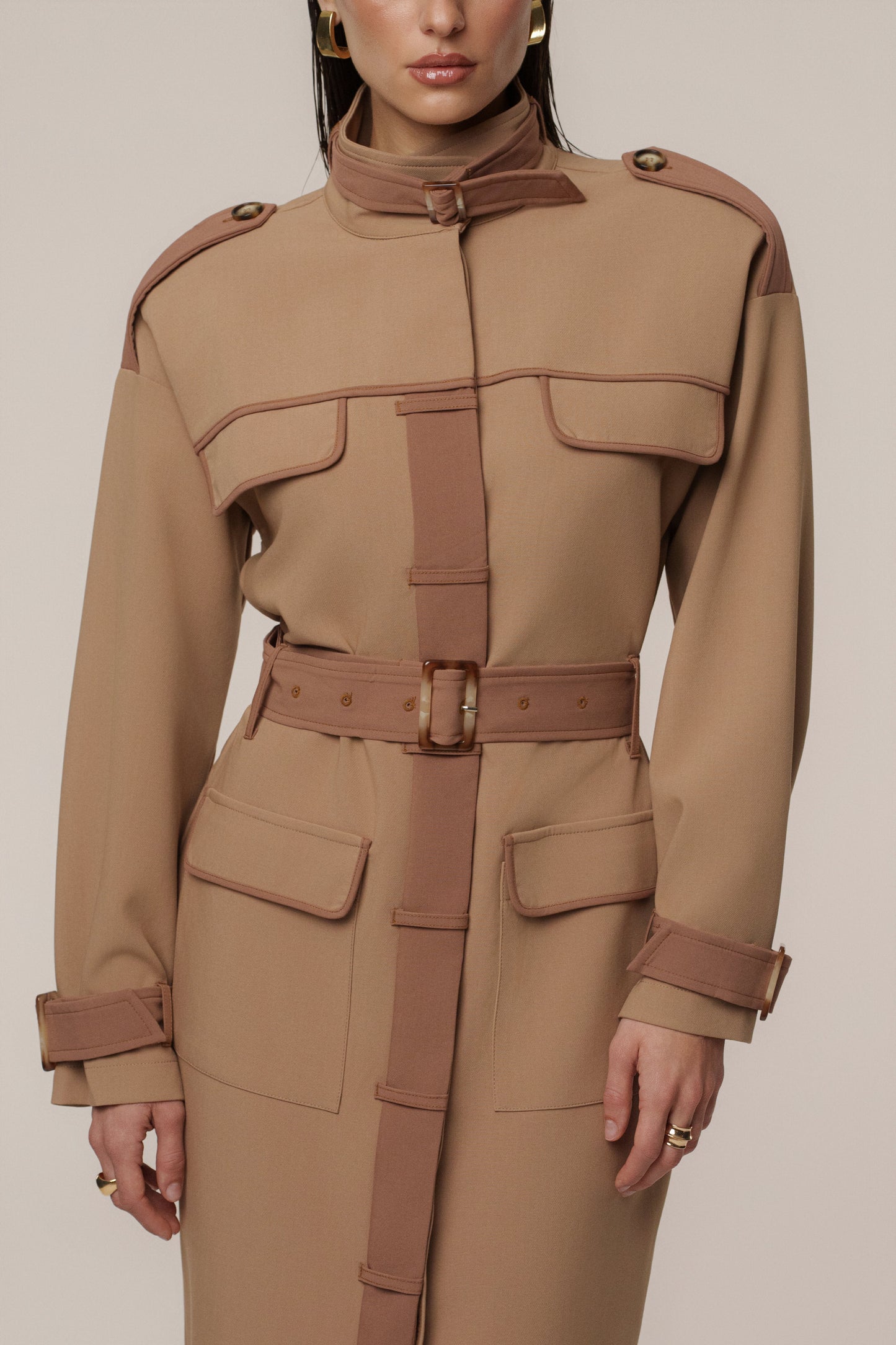 Beige Icon Belted Midi Dress