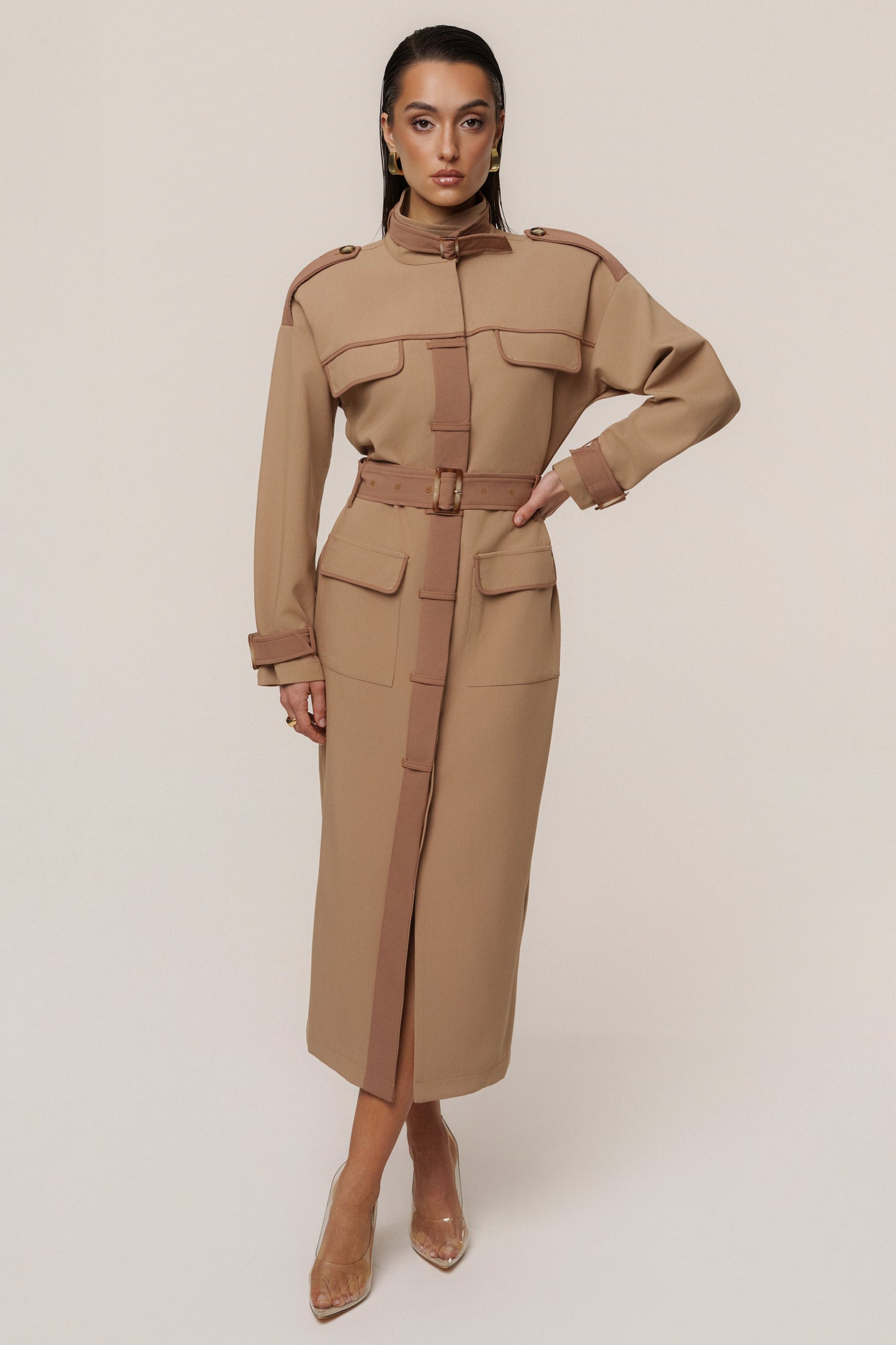 Beige Icon Belted Midi Dress