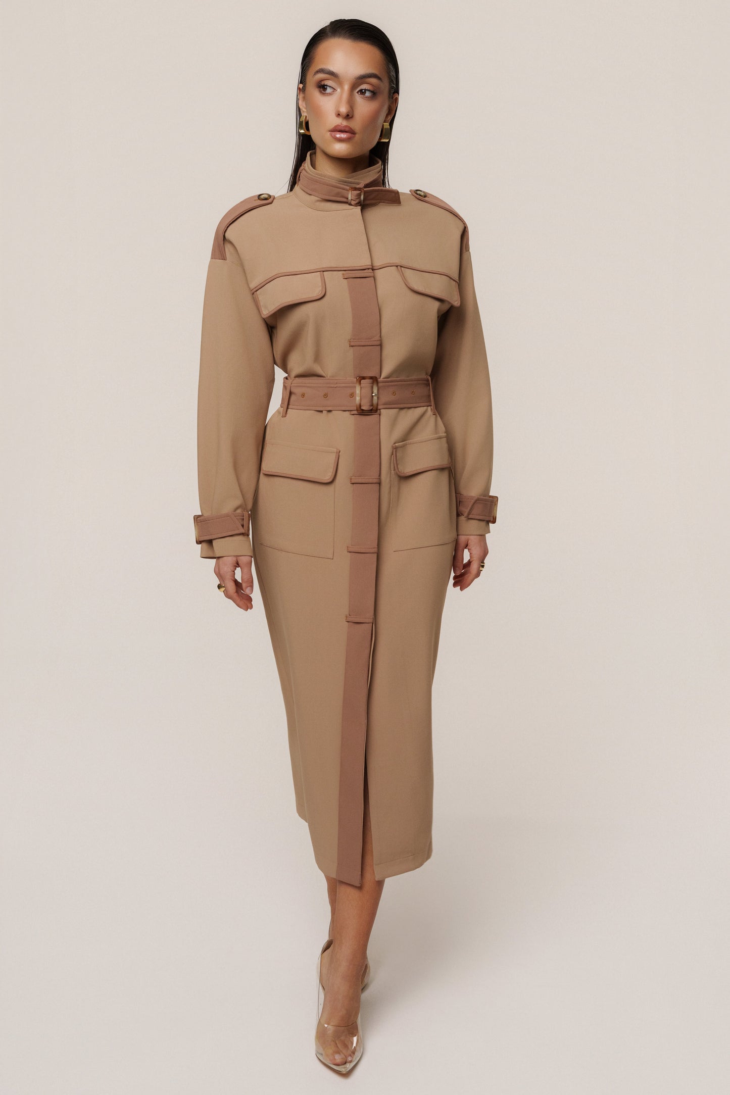 Beige Icon Belted Midi Dress