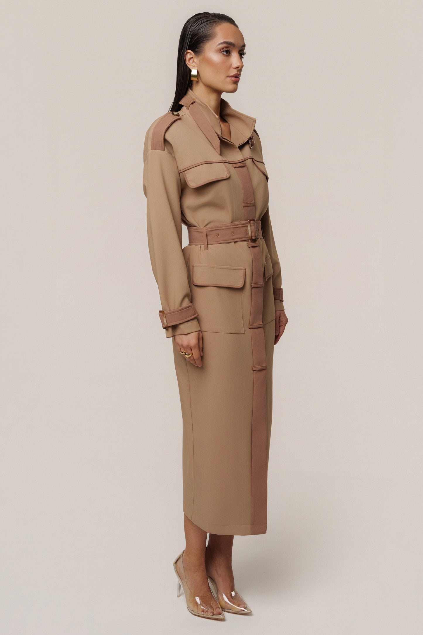 Beige Icon Belted Midi Dress