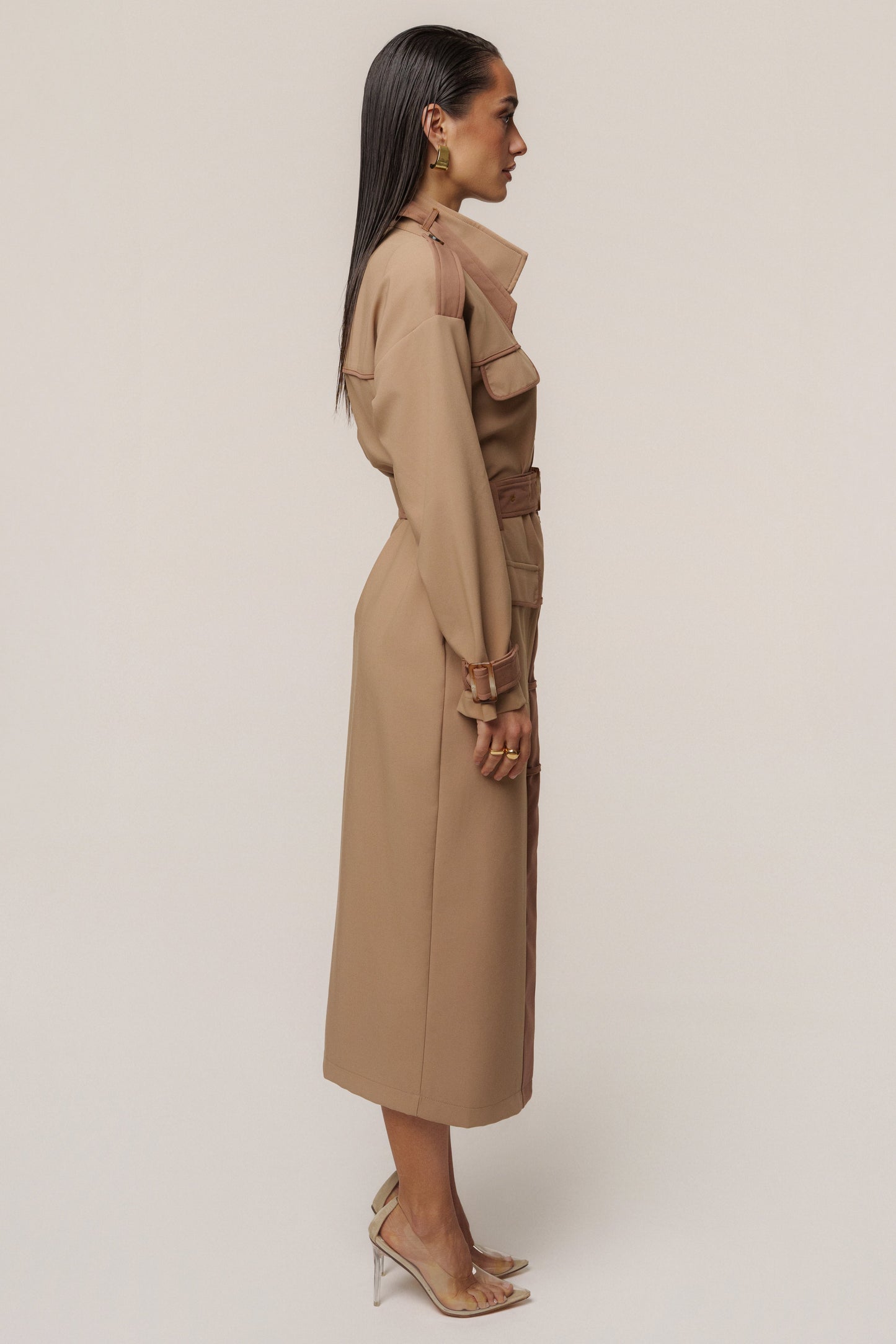 Beige Icon Belted Midi Dress
