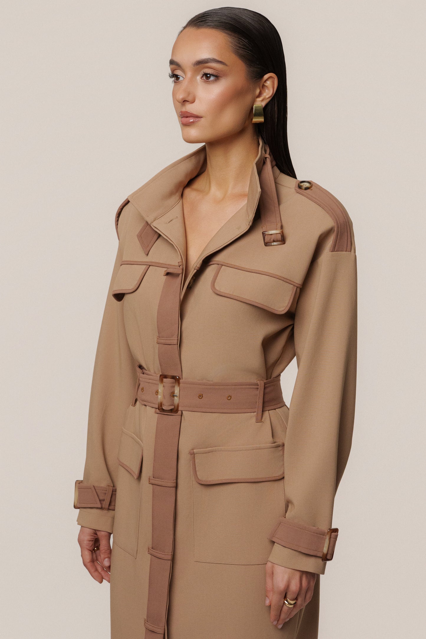 Beige Icon Belted Midi Dress