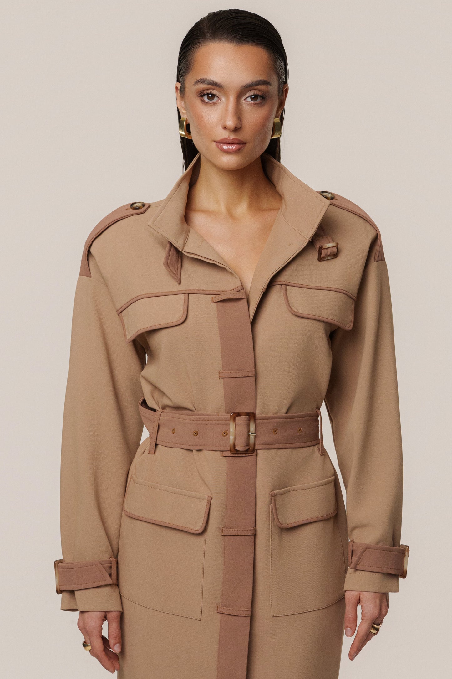 Beige Icon Belted Midi Dress