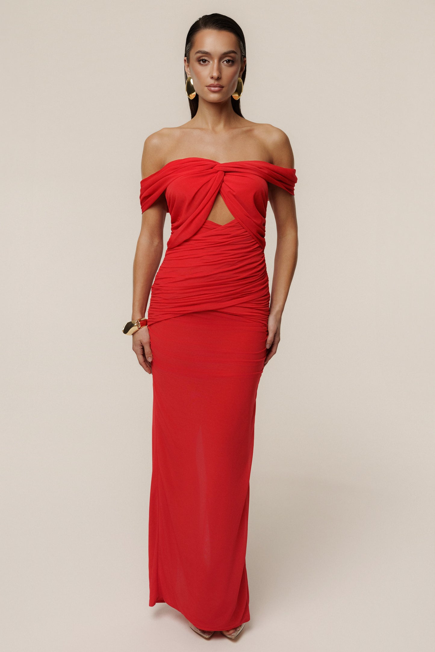 Red Alessandra Off Shoulder Maxi Dress